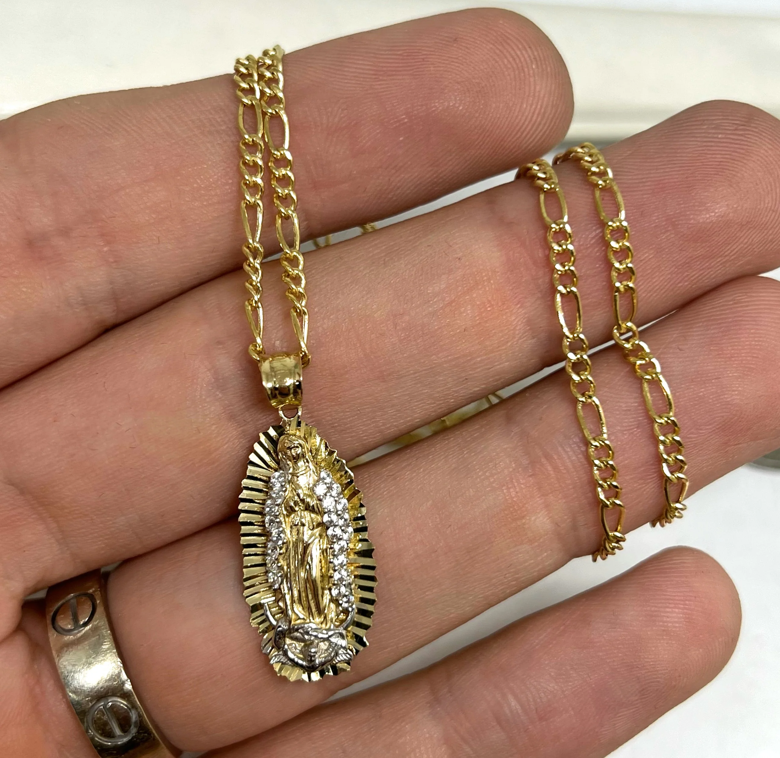 10k Solid Gold Virrgin Mary CZ Pendant Virrgen Guadalupe Figaro Chain - Image 2