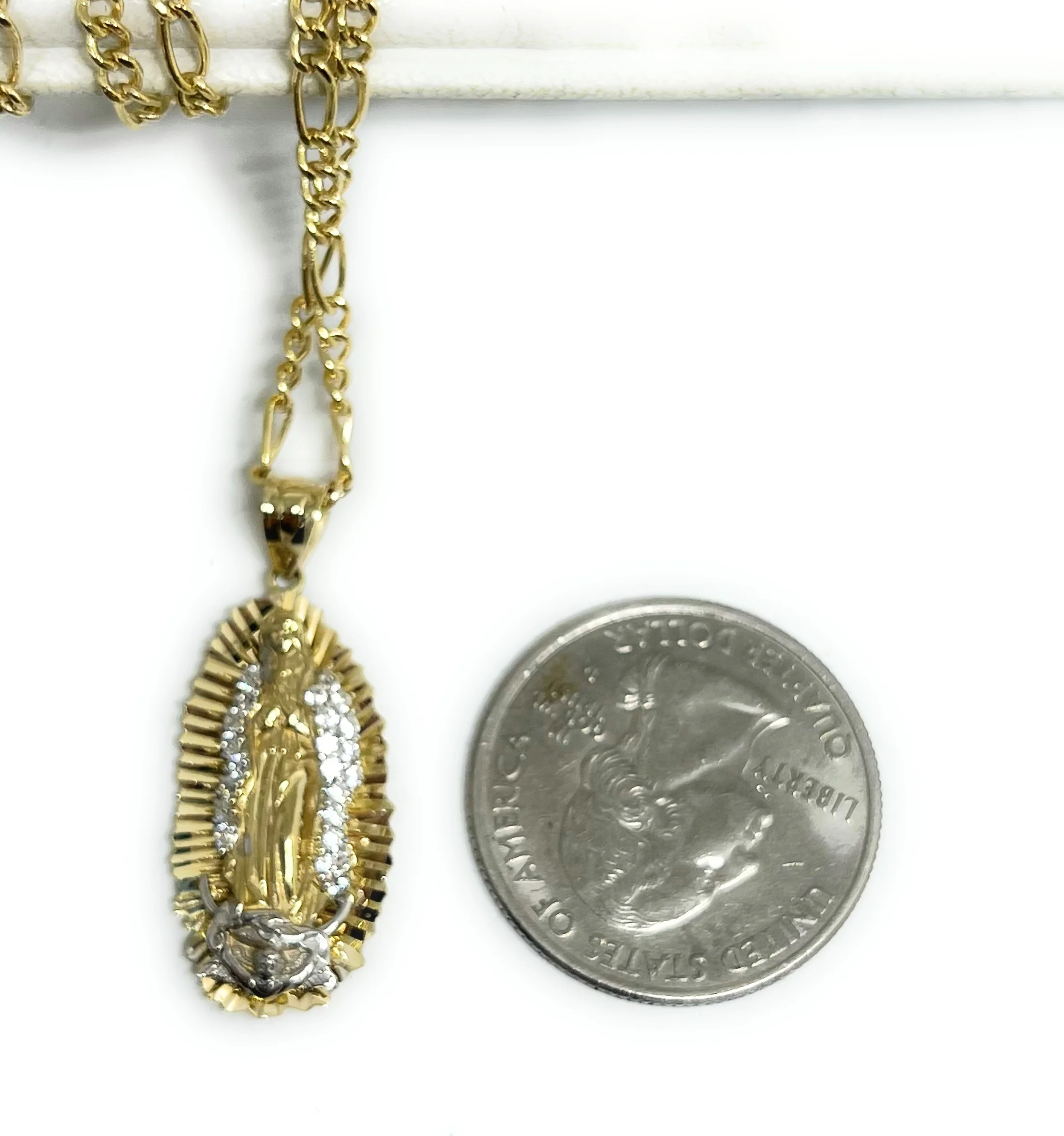 10k Solid Gold Virrgin Mary CZ Pendant Virrgen Guadalupe Figaro Chain - Image 3