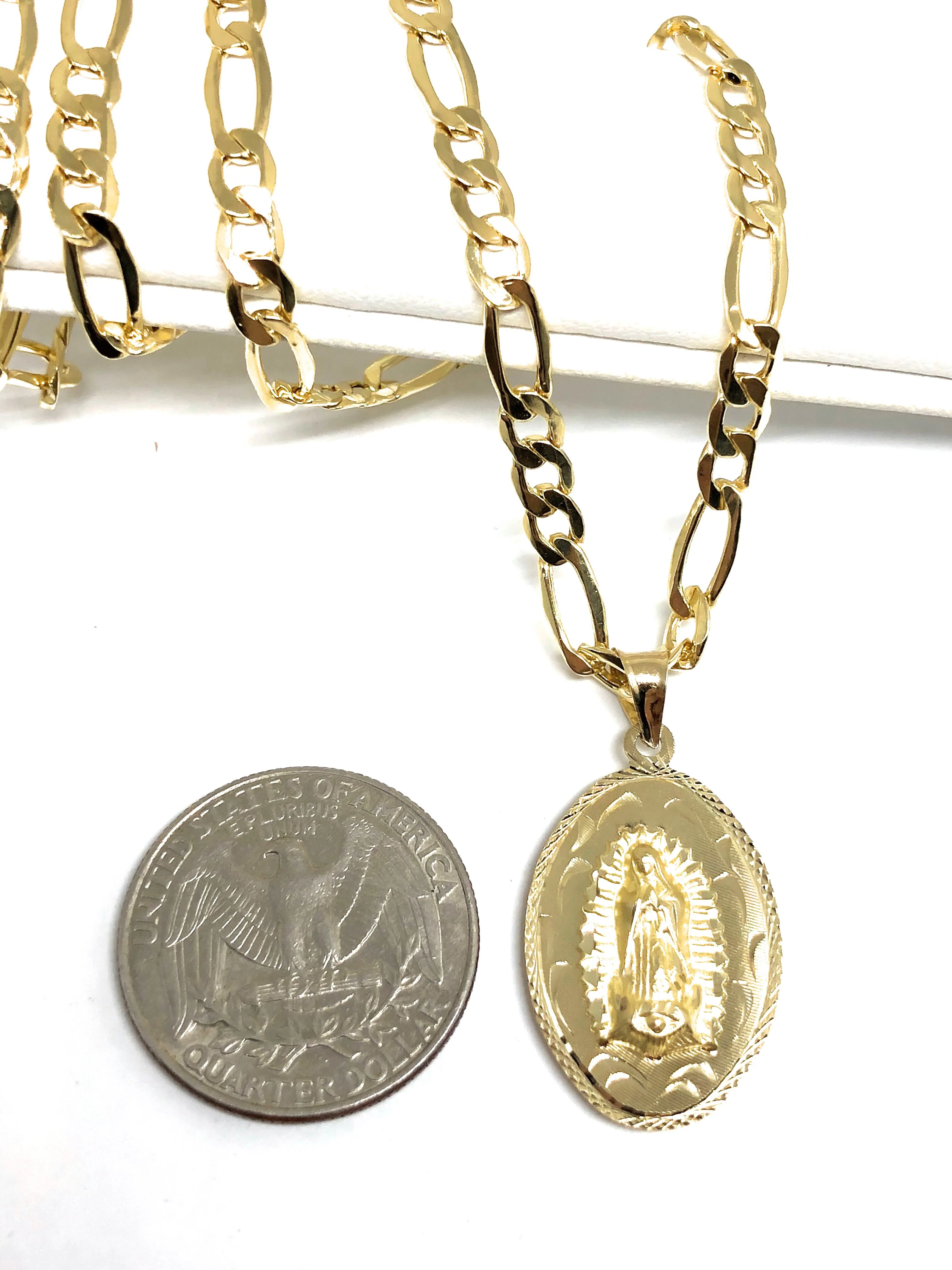 10k Solid Gold Yellow 2 Sided Virrgin Mary Jesus Christ Dos Lados Pendant Necklace with Chain - Image 3