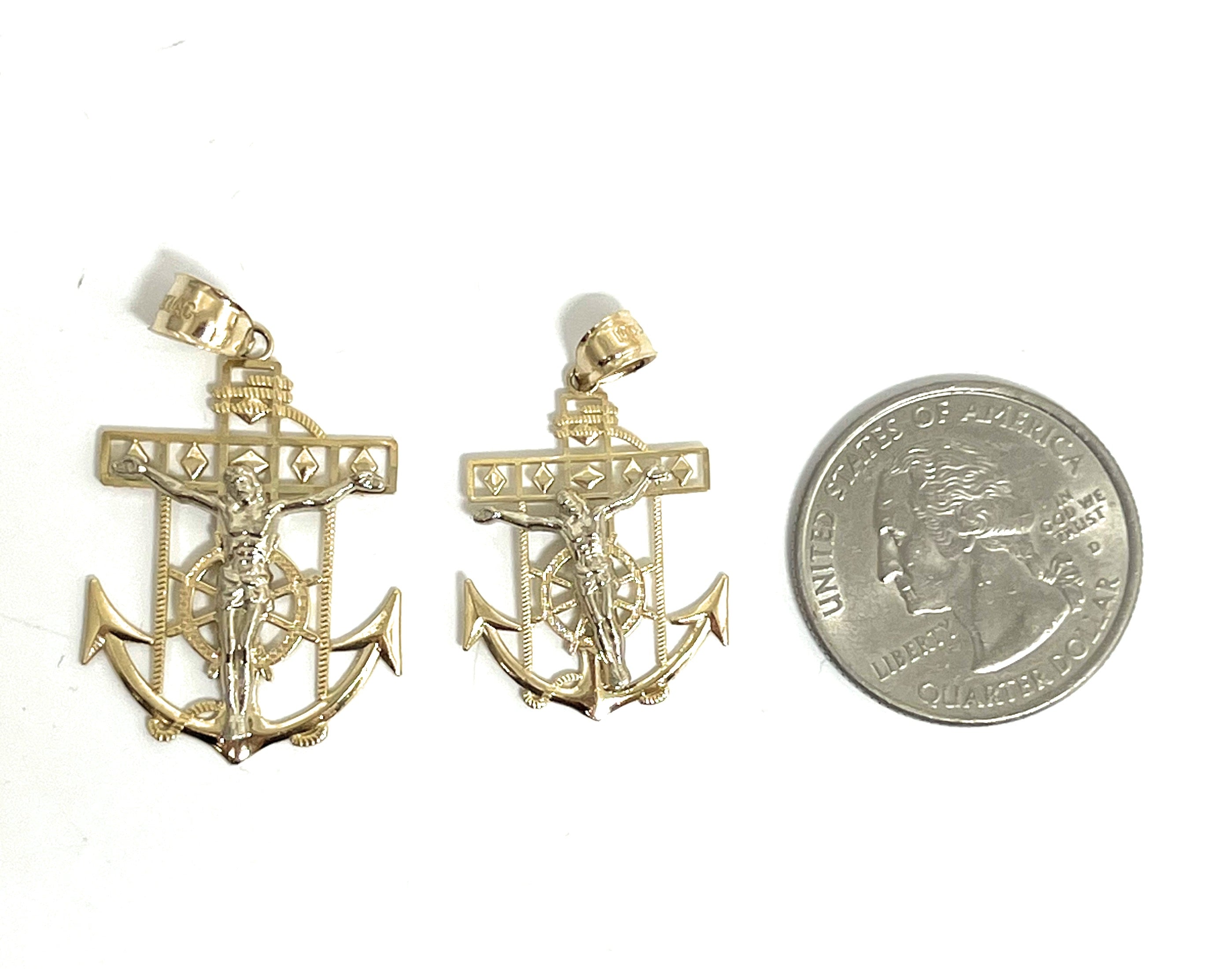 10k Solid Gold Yellow 2-Tone Anchor Jesus Crucifix Ancla Cristo Pendant Necklace (MED, SM) - Image 2