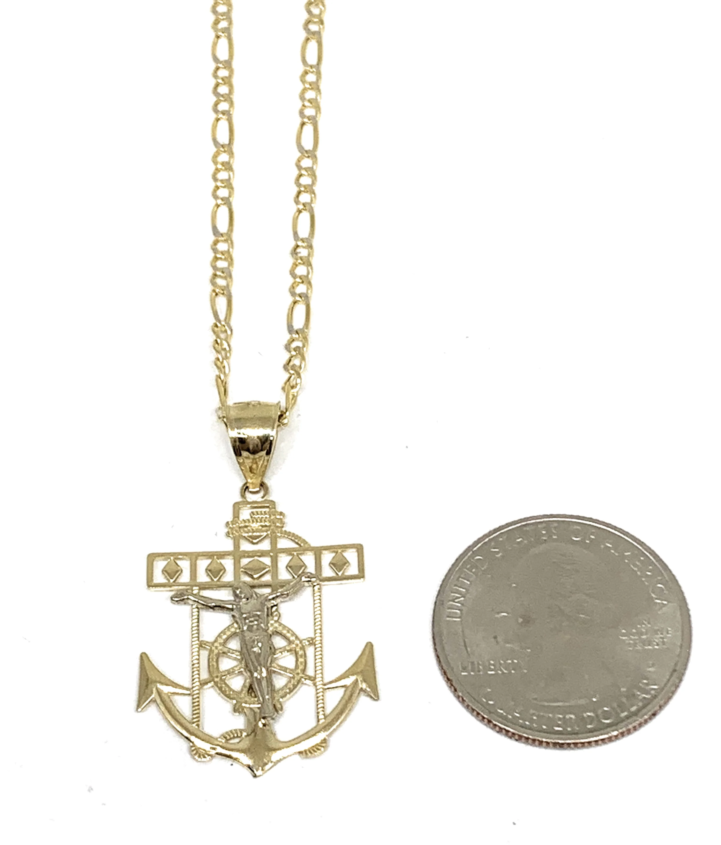 10k Solid Gold Yellow 2-Tone Anchor Jesus Crucifix Ancla Cristo Pendant Necklace (MED, SM) - Image 3