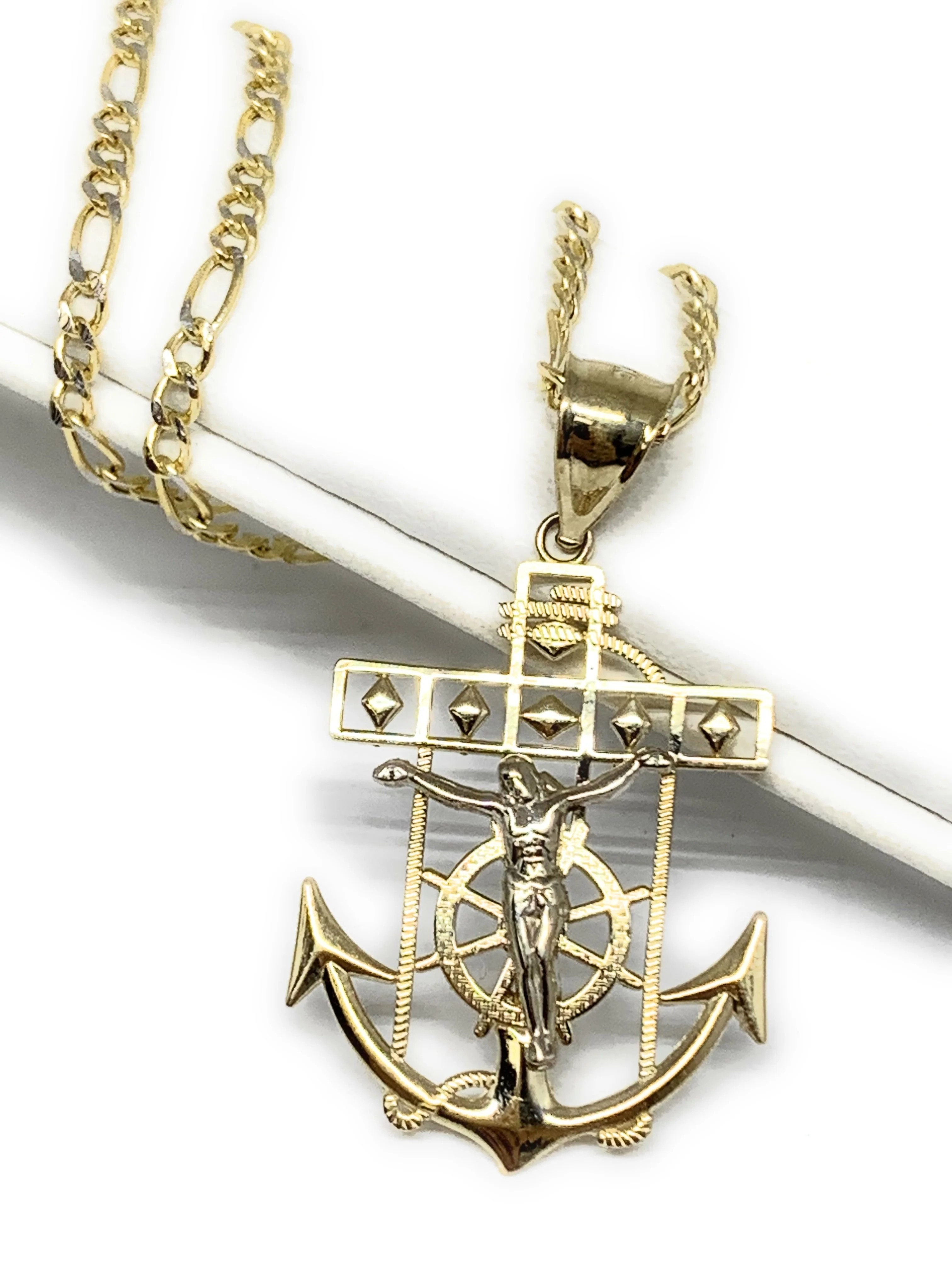10k Solid Gold Yellow 2-Tone Anchor Jesus Crucifix Ancla Cristo Pendant Necklace (MED, SM) - Image 4