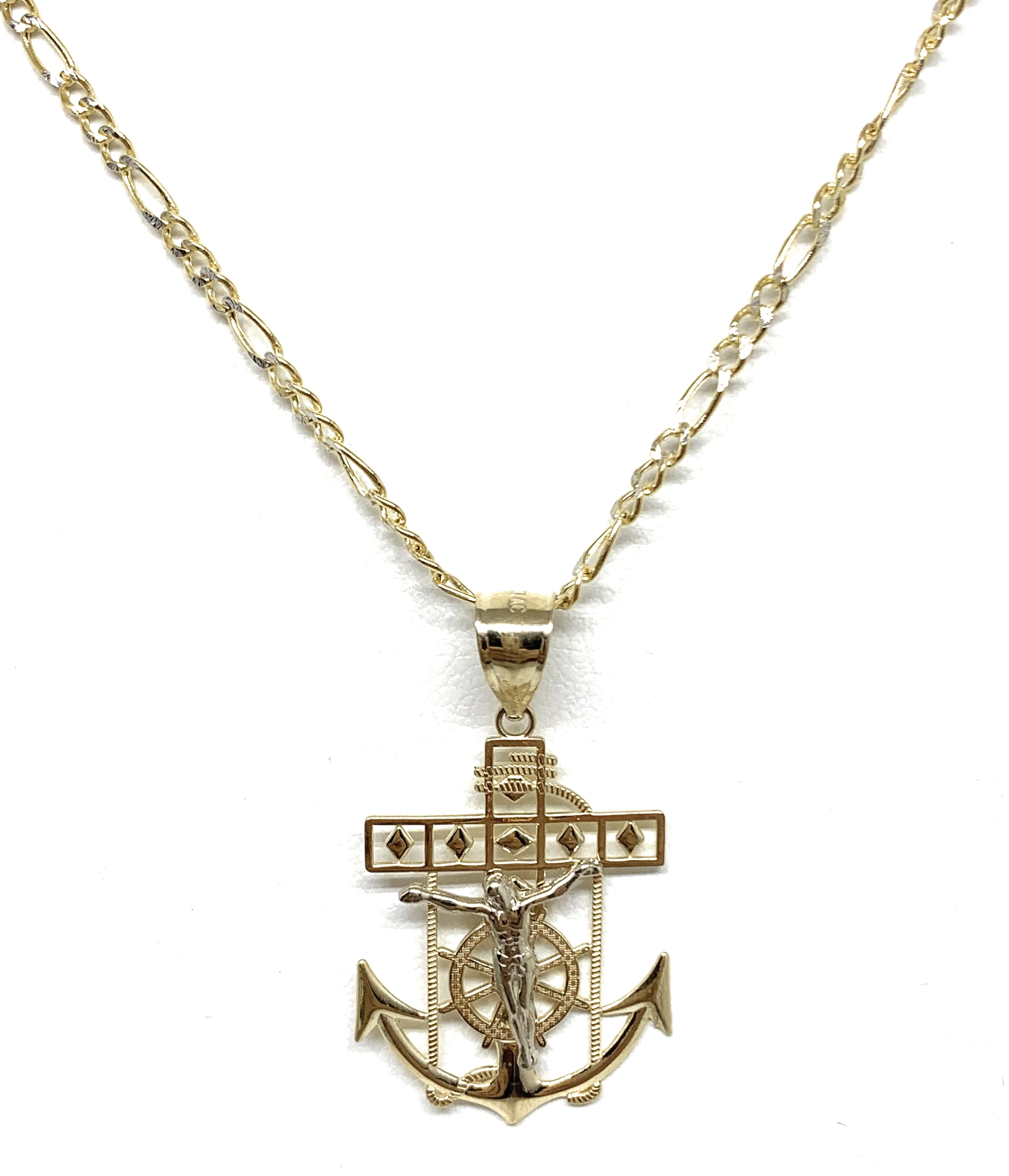 10k Solid Gold Yellow 2-Tone Anchor Jesus Crucifix Ancla Cristo Pendant Necklace (MED, SM) - Image 5