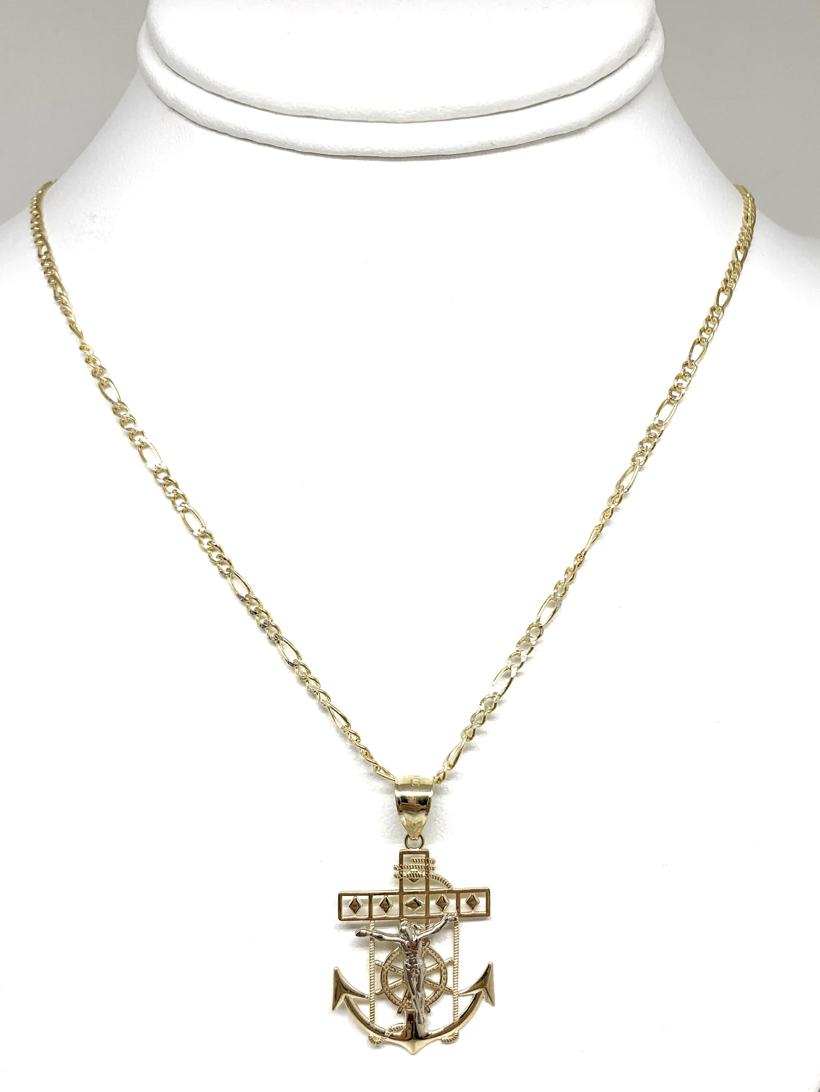 10k Solid Gold Yellow 2-Tone Anchor Jesus Crucifix Ancla Cristo Pendant Necklace (MED, SM) - Image 6
