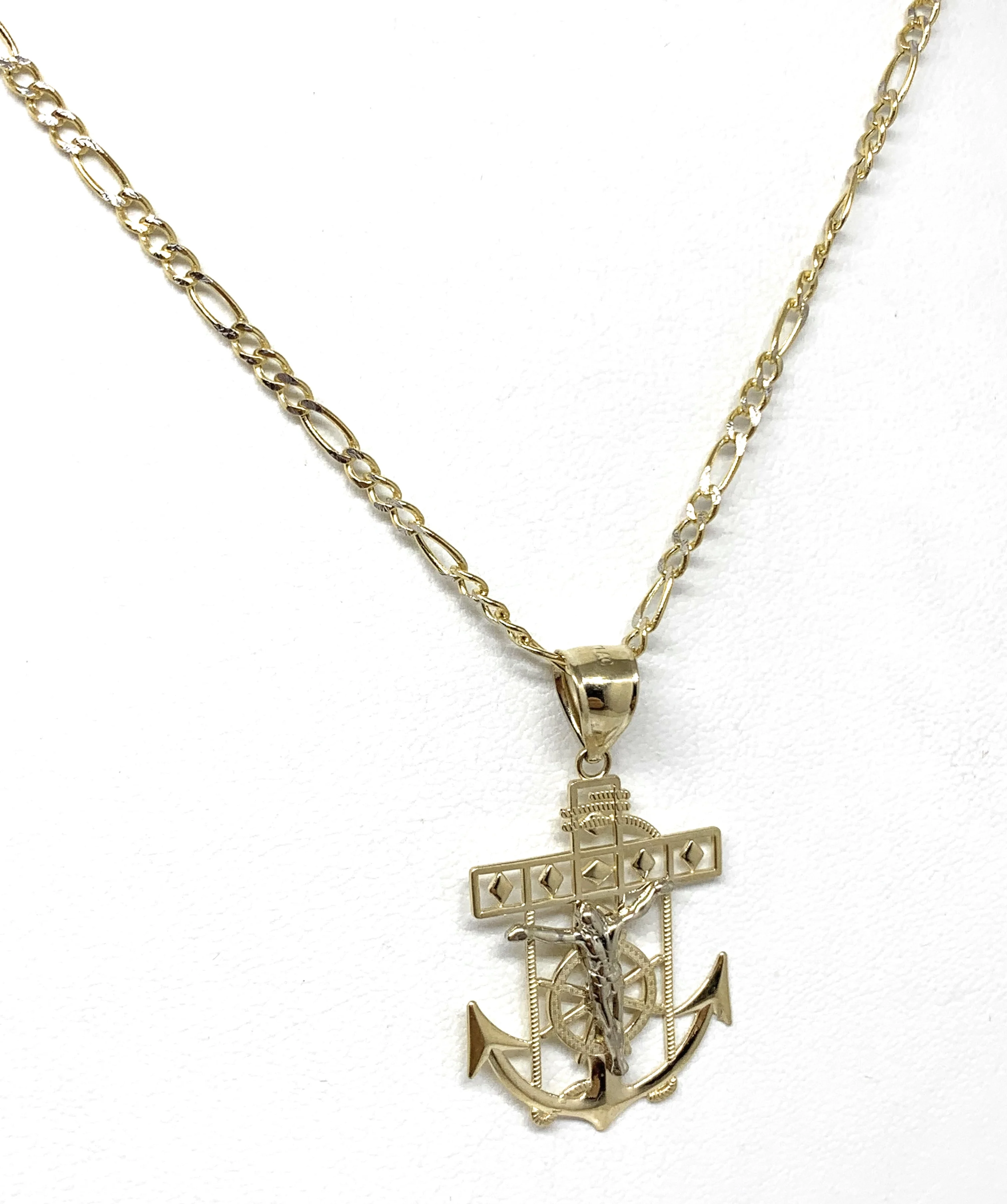 10k Solid Gold Yellow 2-Tone Anchor Jesus Crucifix Ancla Cristo Pendant Necklace (MED, SM) - Image 7