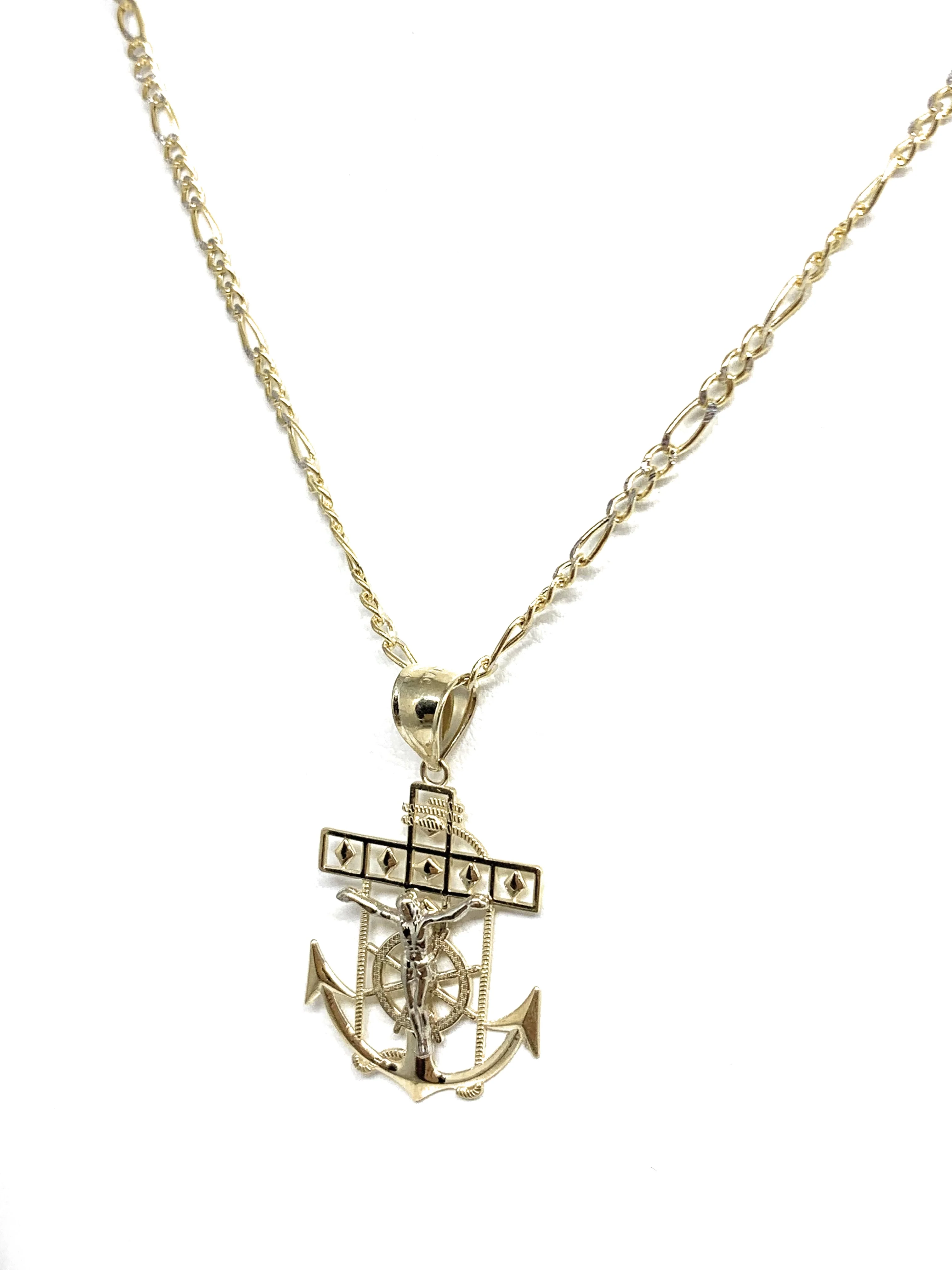 10k Solid Gold Yellow 2-Tone Anchor Jesus Crucifix Ancla Cristo Pendant Necklace (MED, SM) - Image 8