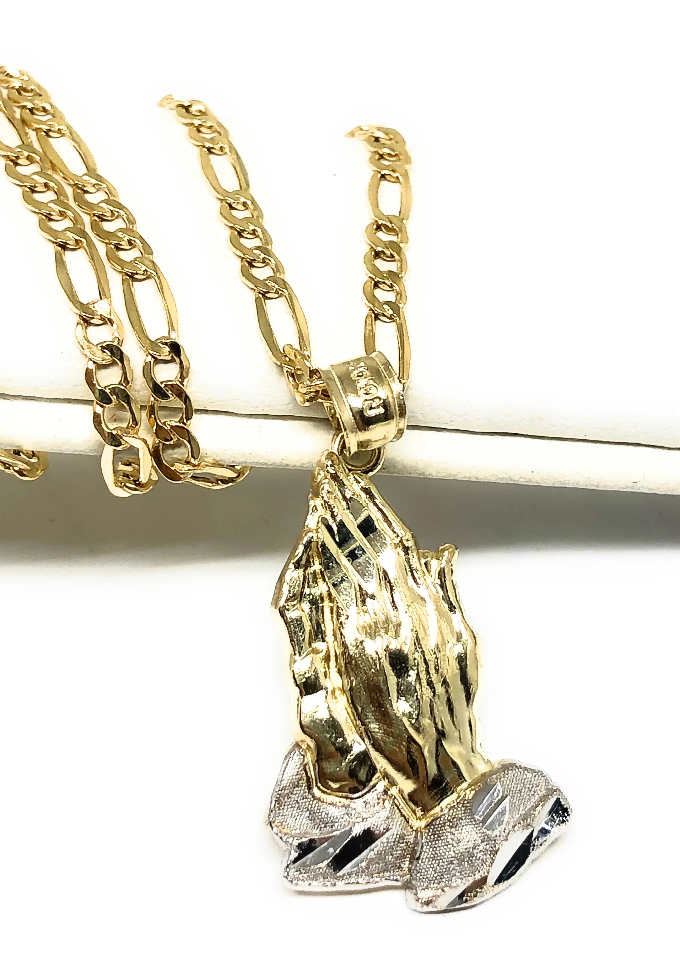 10k Solid Gold Yellow 2-Tone Classic Praying Hands Pendant Necklace (SM)