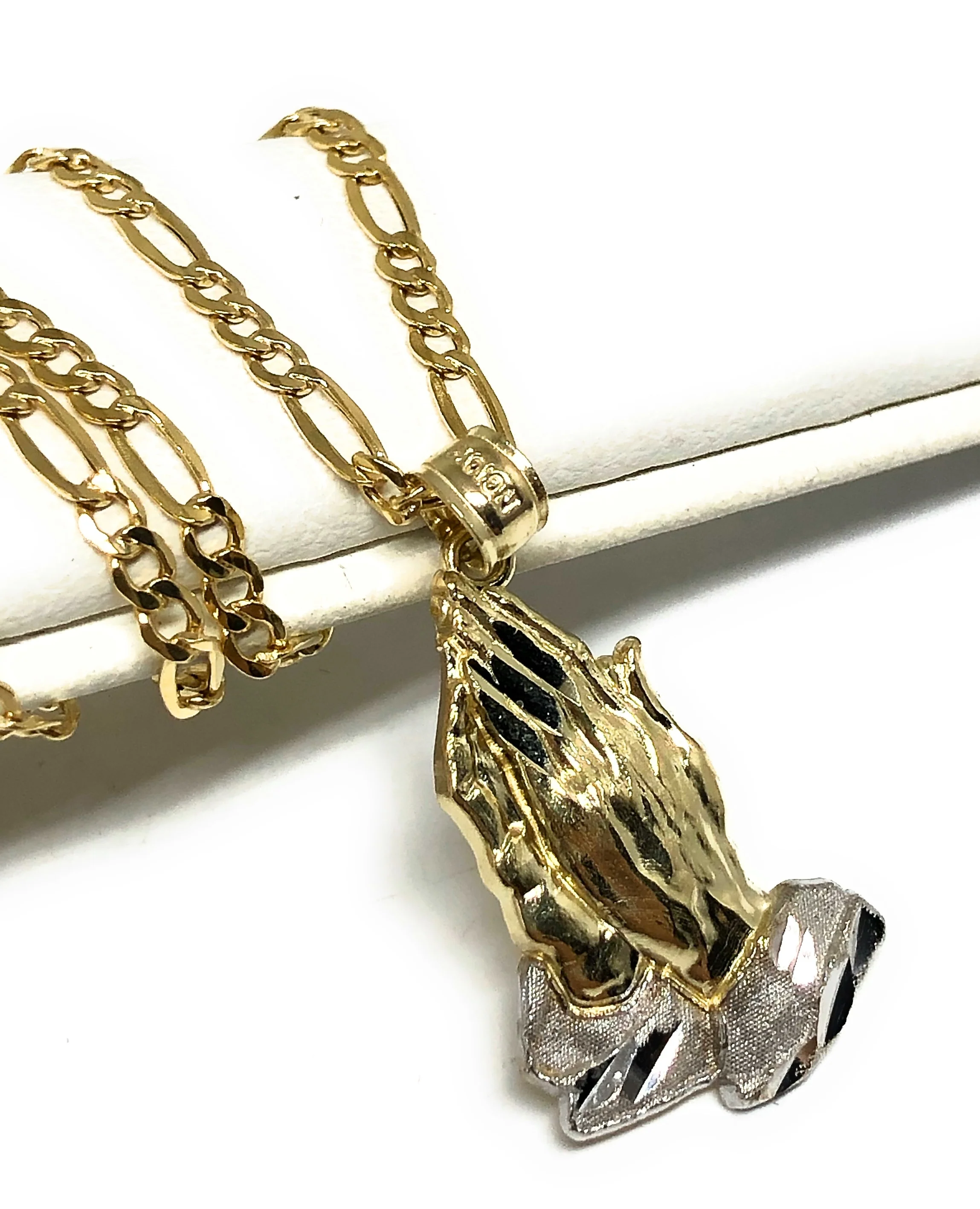 10k Solid Gold Yellow 2-Tone Classic Praying Hands Pendant Necklace (SM) - Image 3
