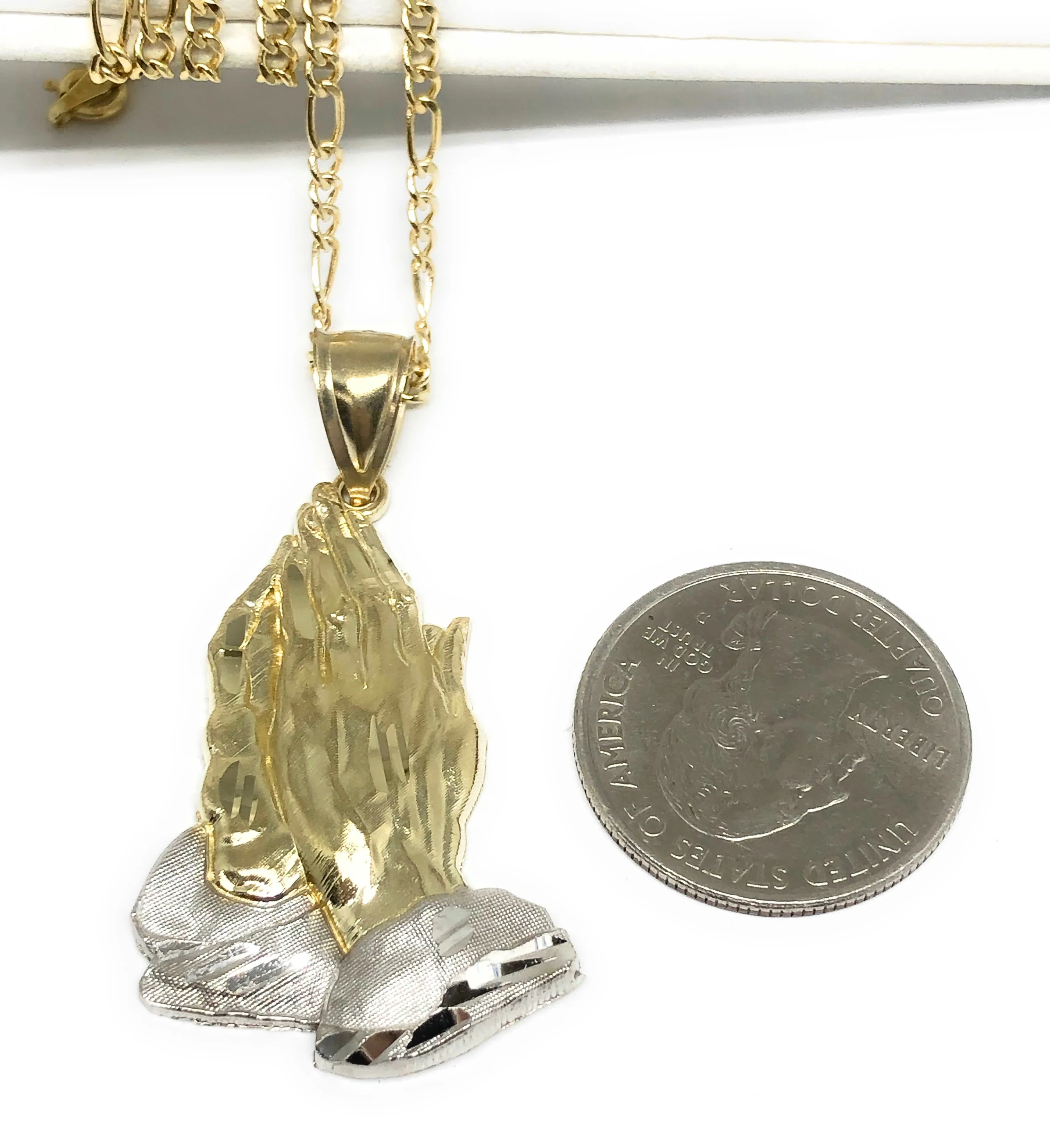 10k Solid Gold Yellow 2-Tone Classic Praying Hands Pendant Necklace (LG,MED) - Image 2