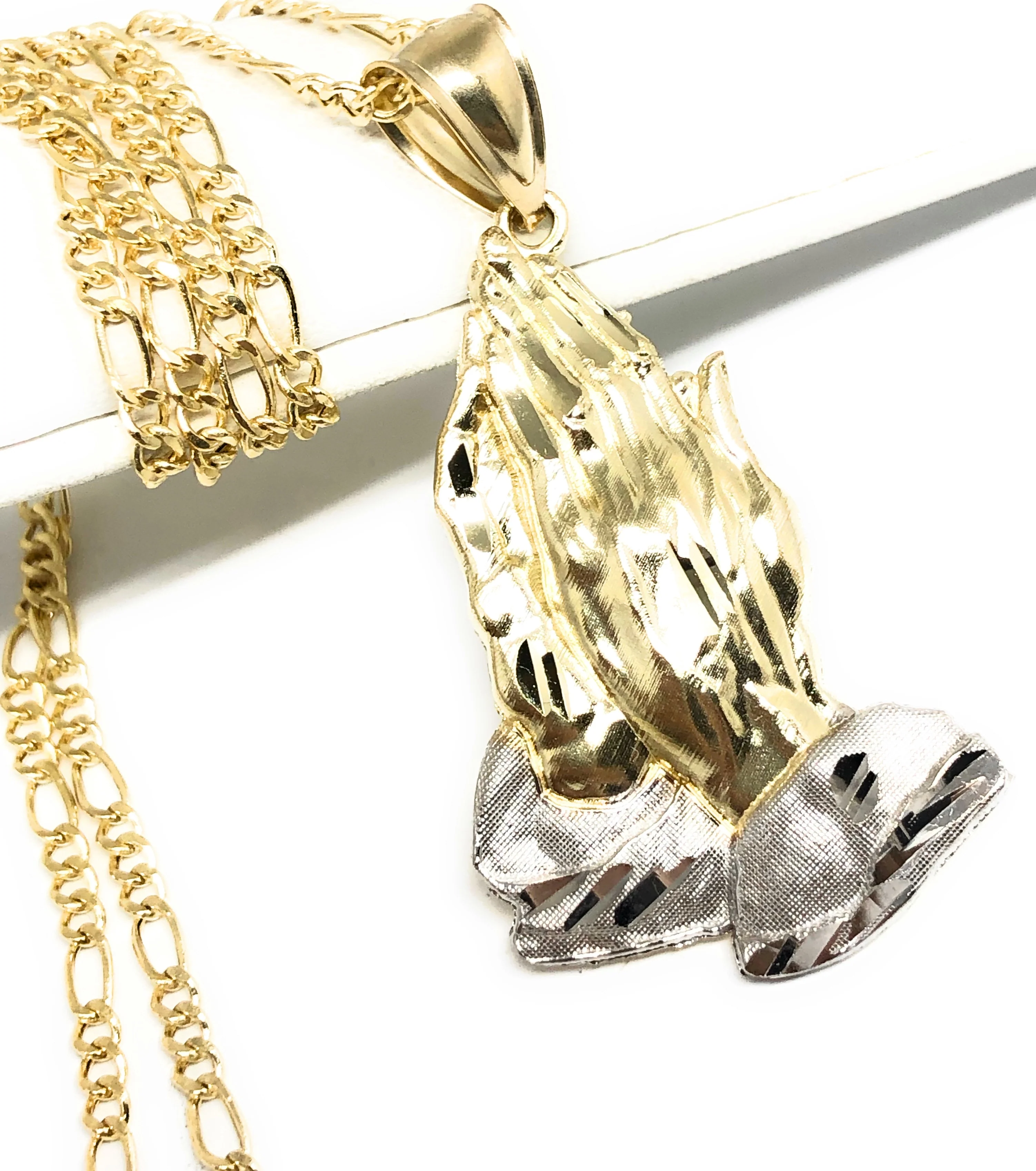10k Solid Gold Yellow 2-Tone Classic Praying Hands Pendant Necklace (LG,MED) - Image 3