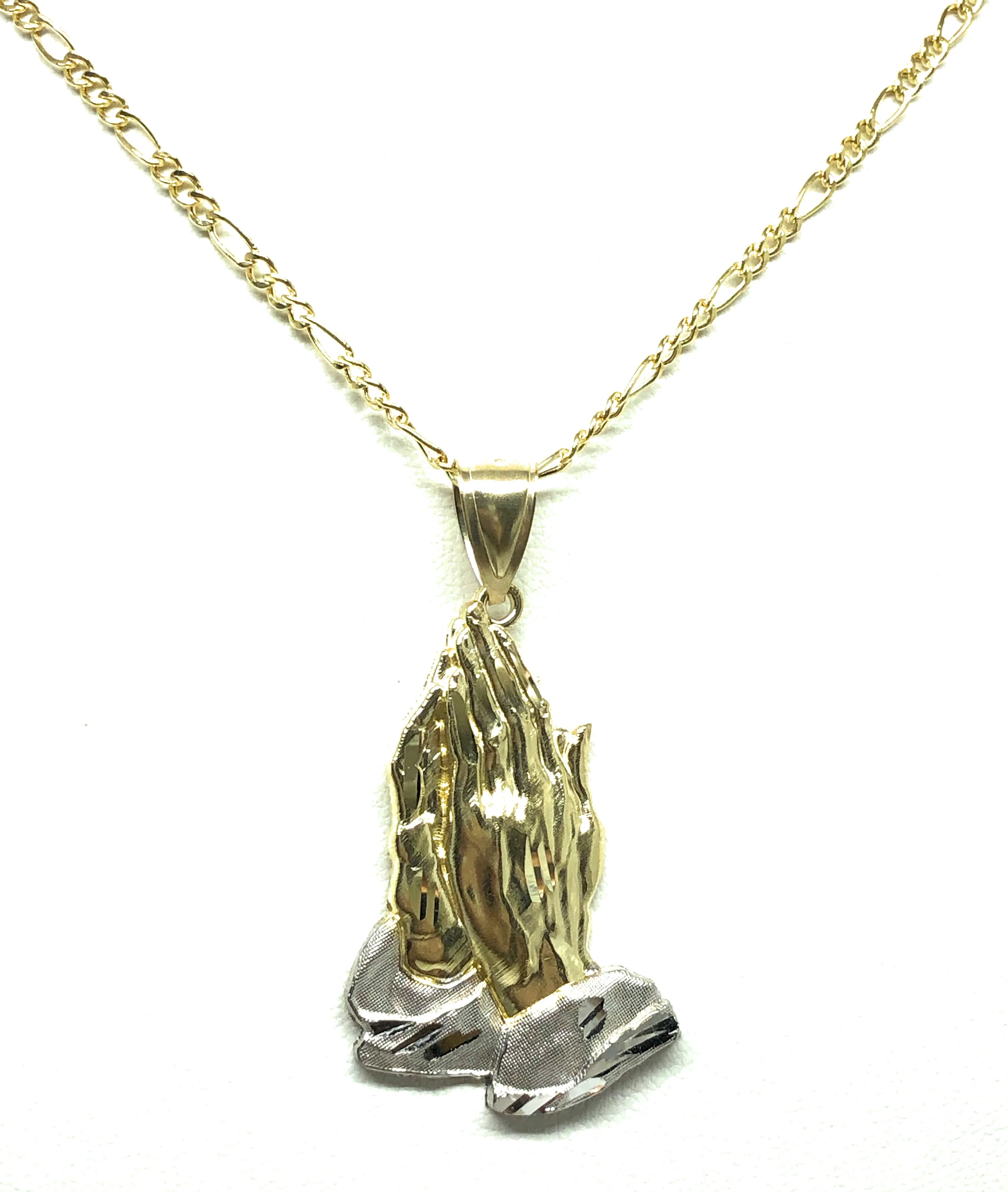 10k Solid Gold Yellow 2-Tone Classic Praying Hands Pendant Necklace (LG,MED) - Image 4