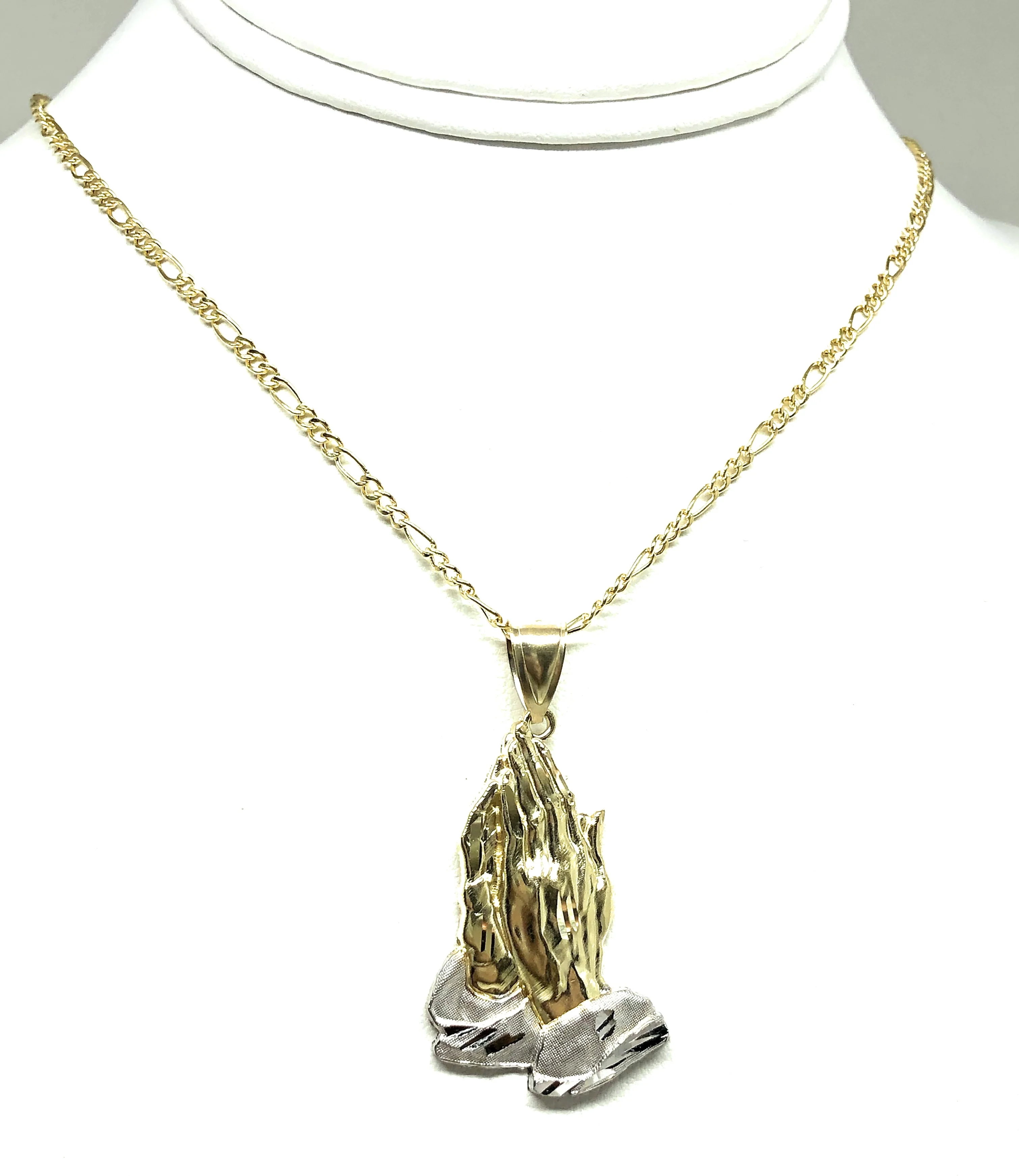 10k Solid Gold Yellow 2-Tone Classic Praying Hands Pendant Necklace (LG,MED) - Image 5