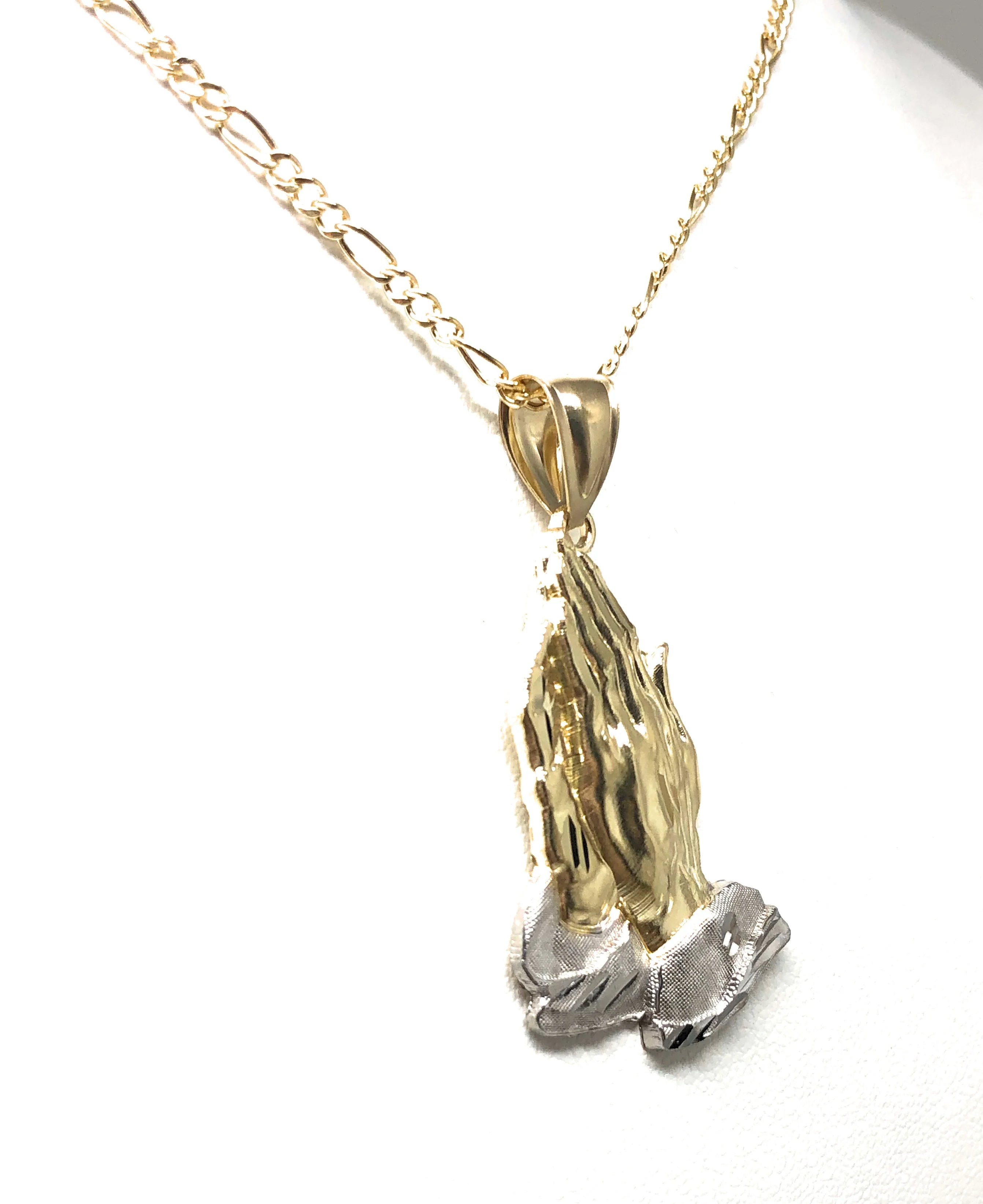 10k Solid Gold Yellow 2-Tone Classic Praying Hands Pendant Necklace (LG,MED) - Image 6