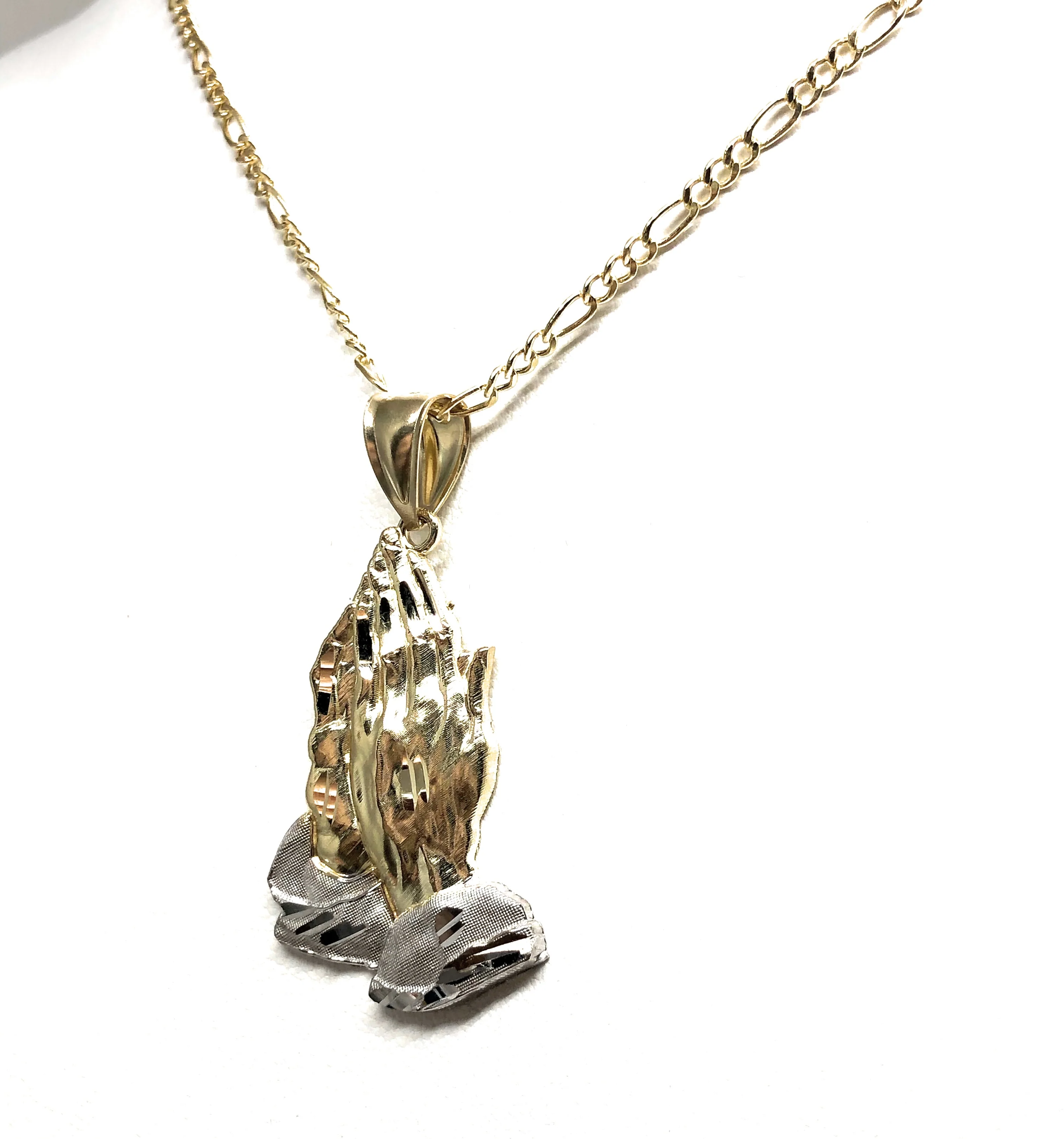10k Solid Gold Yellow 2-Tone Classic Praying Hands Pendant Necklace (LG,MED) - Image 7