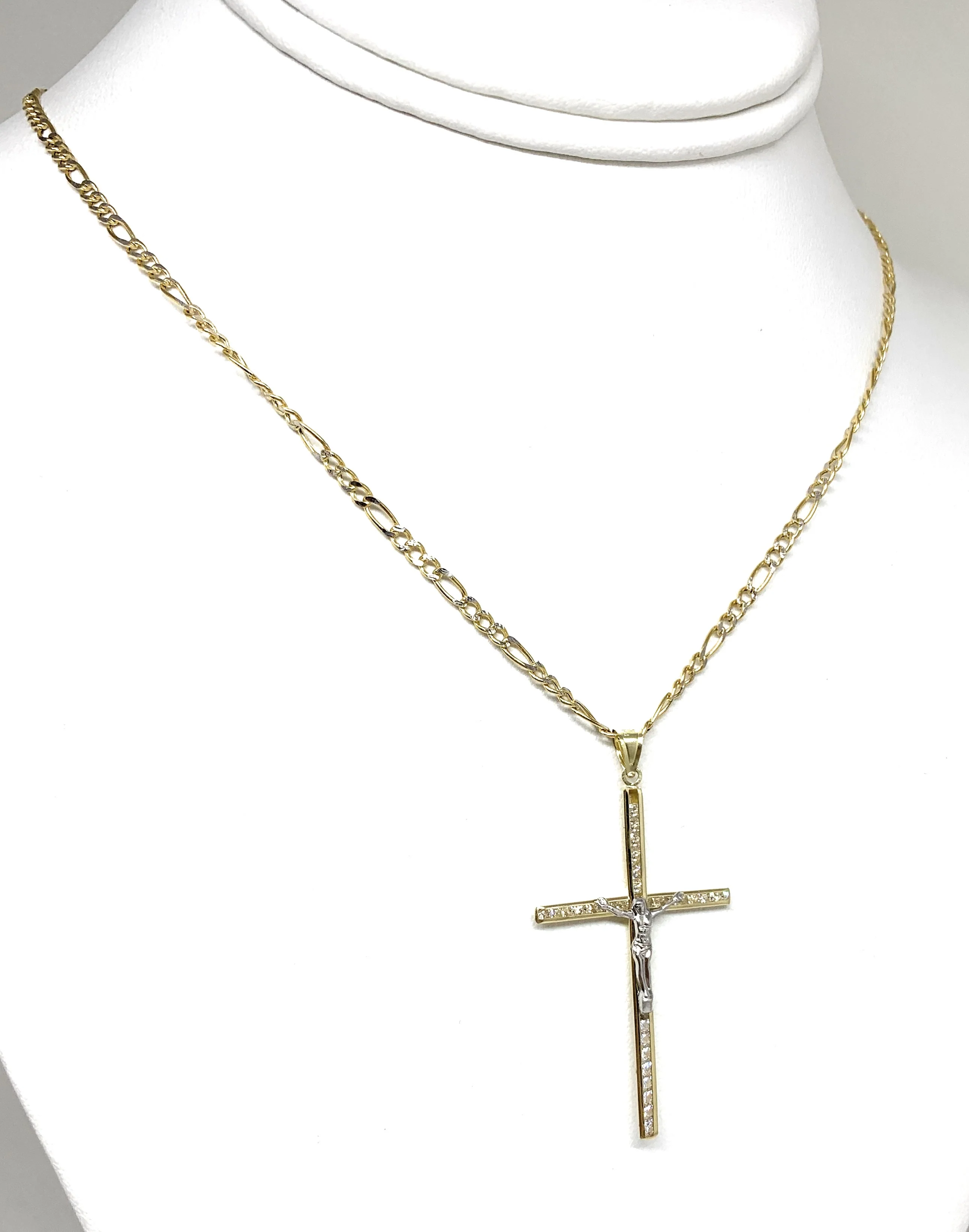 10k Solid Gold Yellow 2-Tone Full CZ Jesus Cross Crucifix Pendant Necklace - Image 3