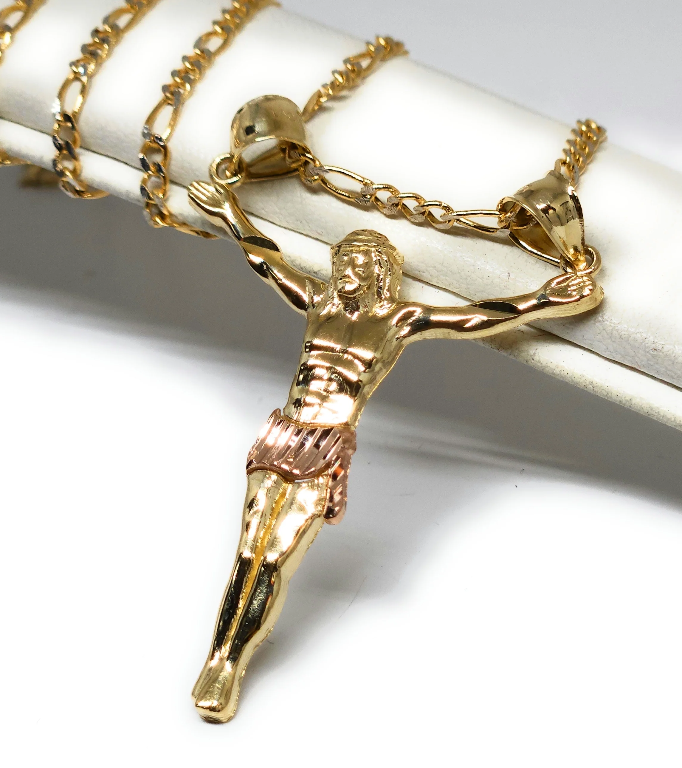 10k Solid Gold Yellow 2-Tone Jesus Body Crucifix Pendant Necklace with Chain - Image 3