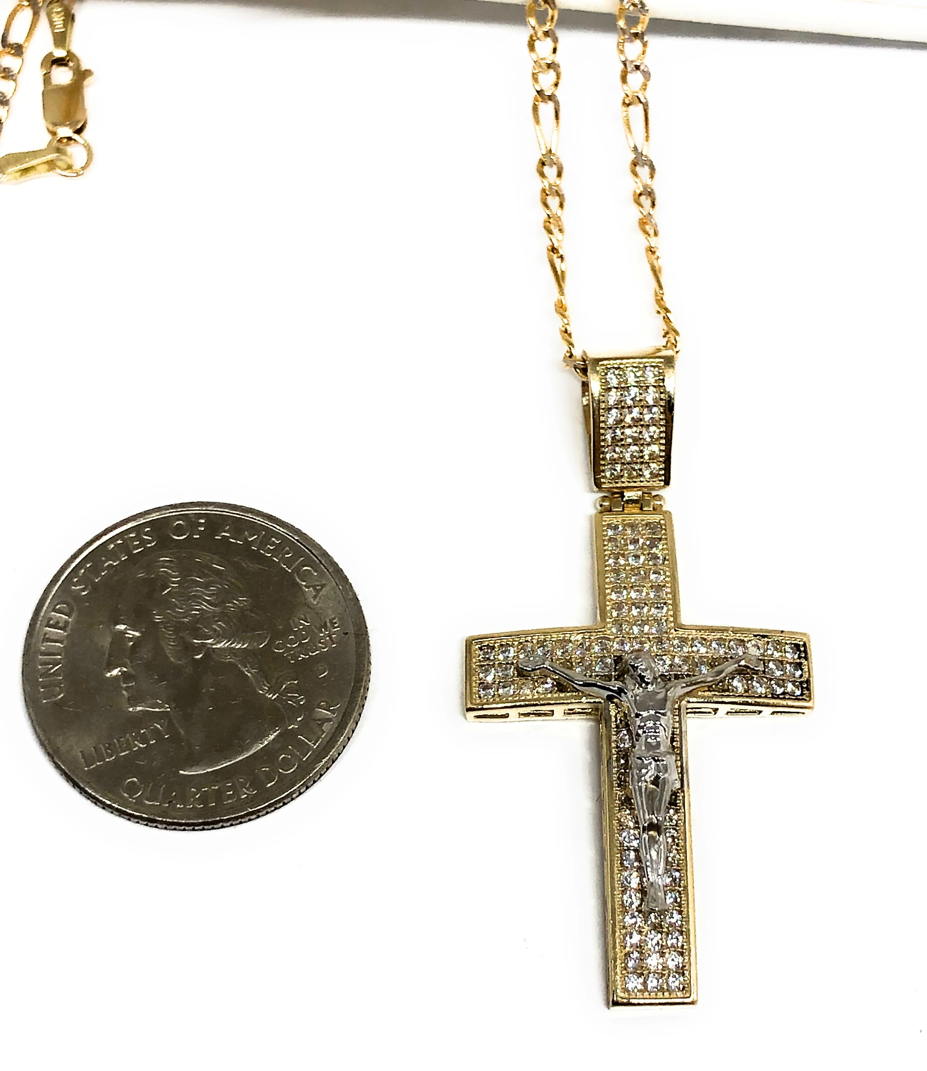 10k Solid Gold Yellow 2-Tone Jesus Cross Crucifix CZ Pendant Necklace - Image 2