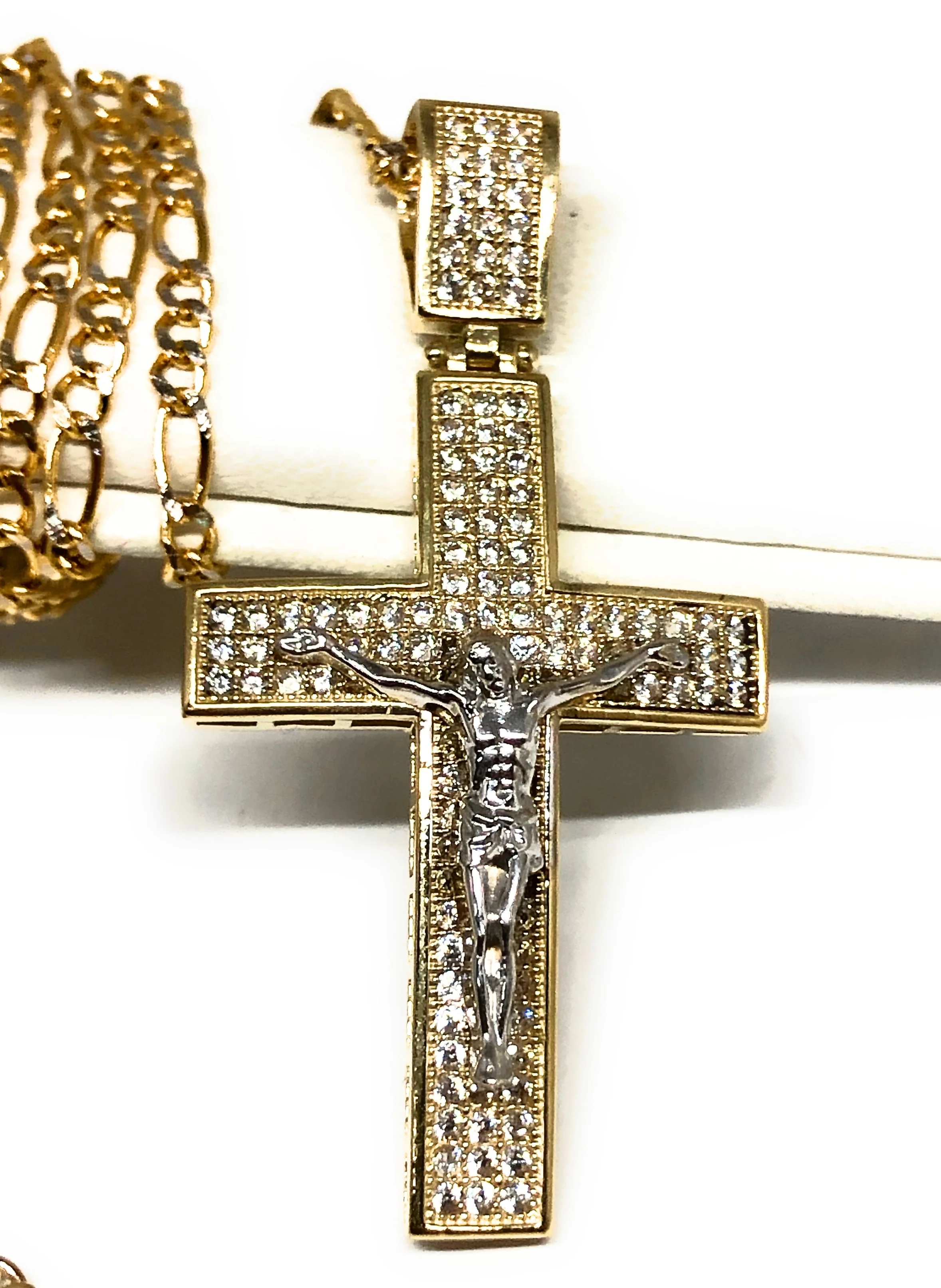 10k Solid Gold Yellow 2-Tone Jesus Cross Crucifix CZ Pendant Necklace - Image 3