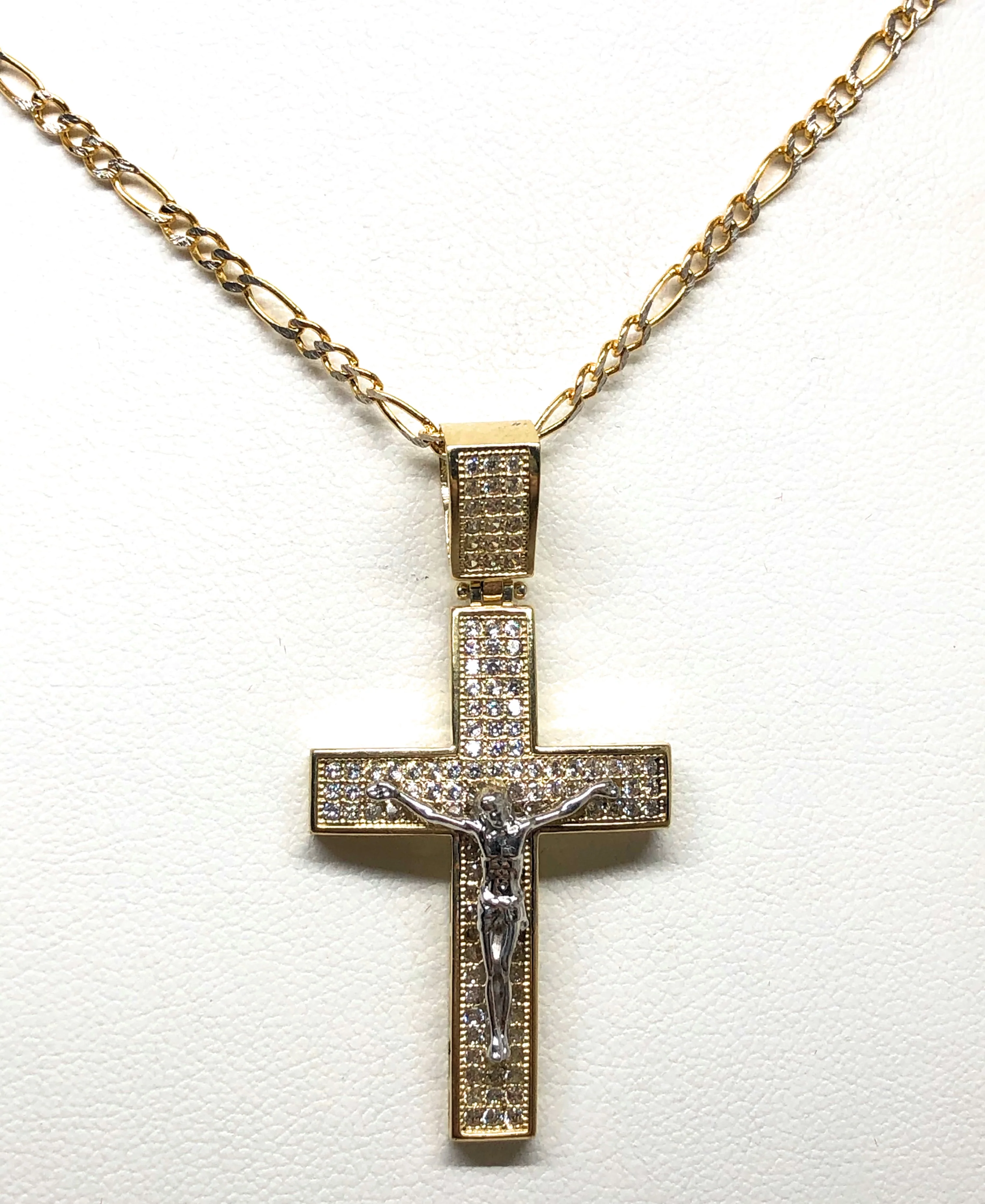 10k Solid Gold Yellow 2-Tone Jesus Cross Crucifix CZ Pendant Necklace - Image 4