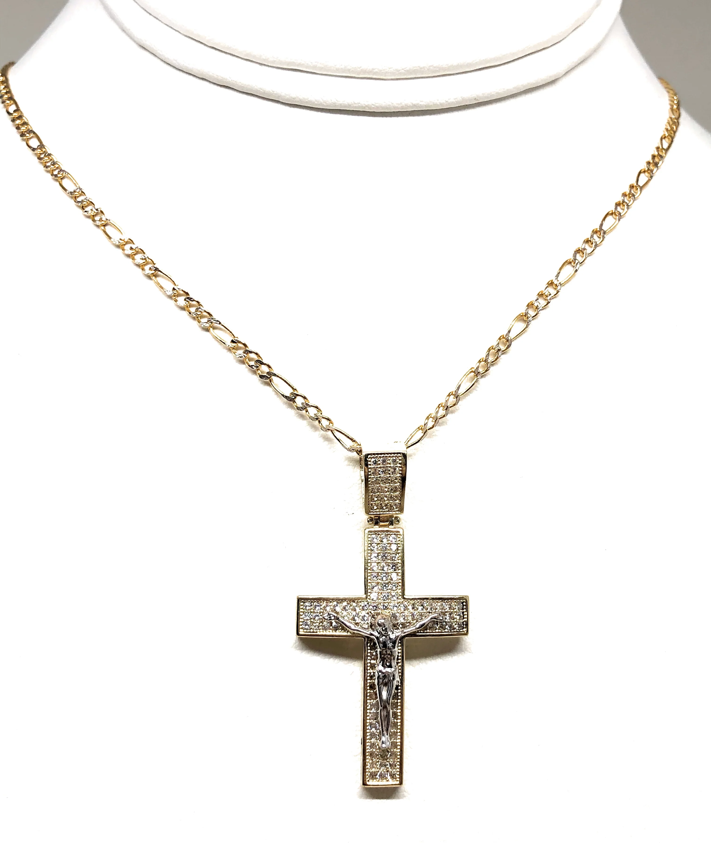 10k Solid Gold Yellow 2-Tone Jesus Cross Crucifix CZ Pendant Necklace - Image 5