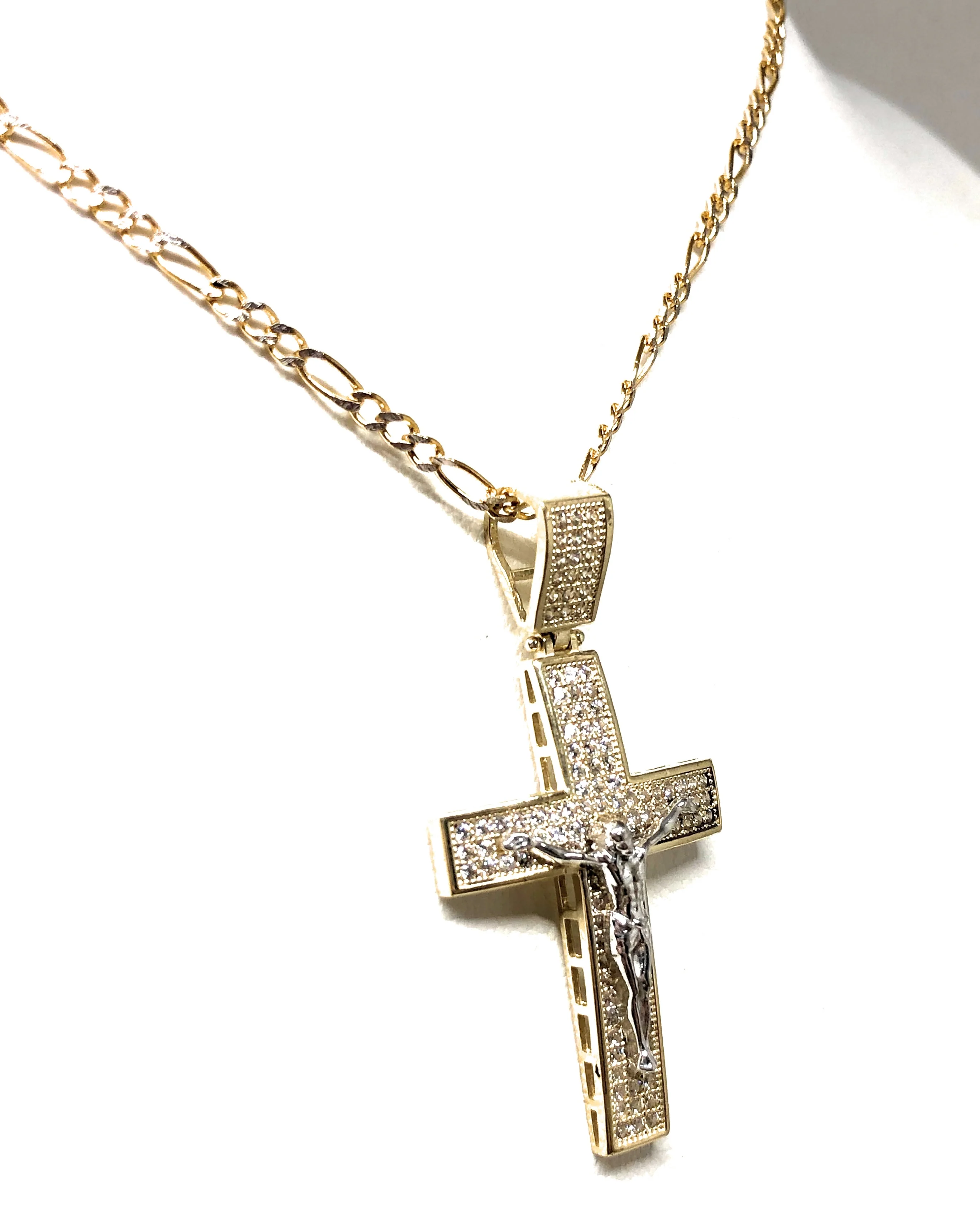 10k Solid Gold Yellow 2-Tone Jesus Cross Crucifix CZ Pendant Necklace - Image 6
