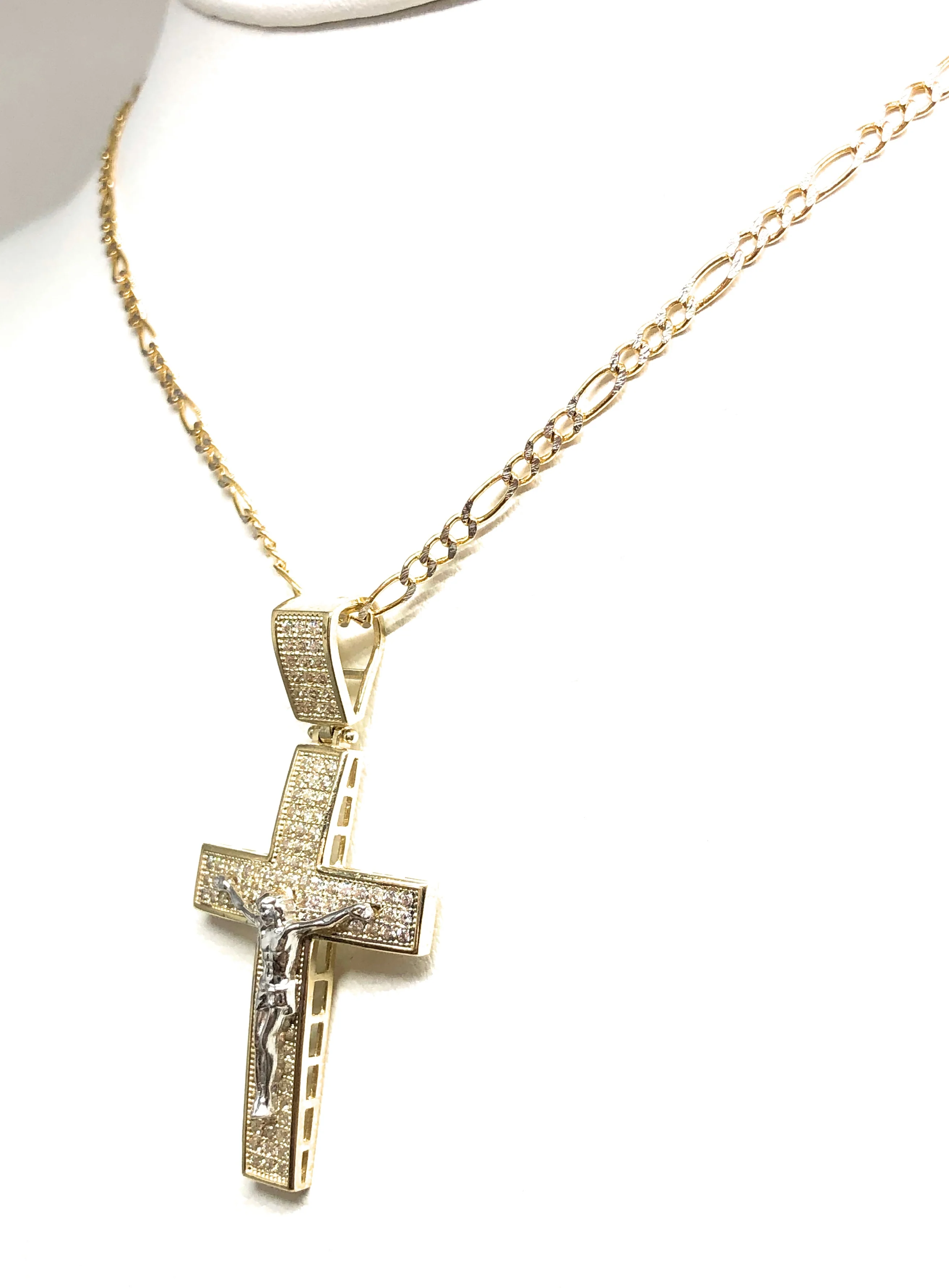 10k Solid Gold Yellow 2-Tone Jesus Cross Crucifix CZ Pendant Necklace - Image 7