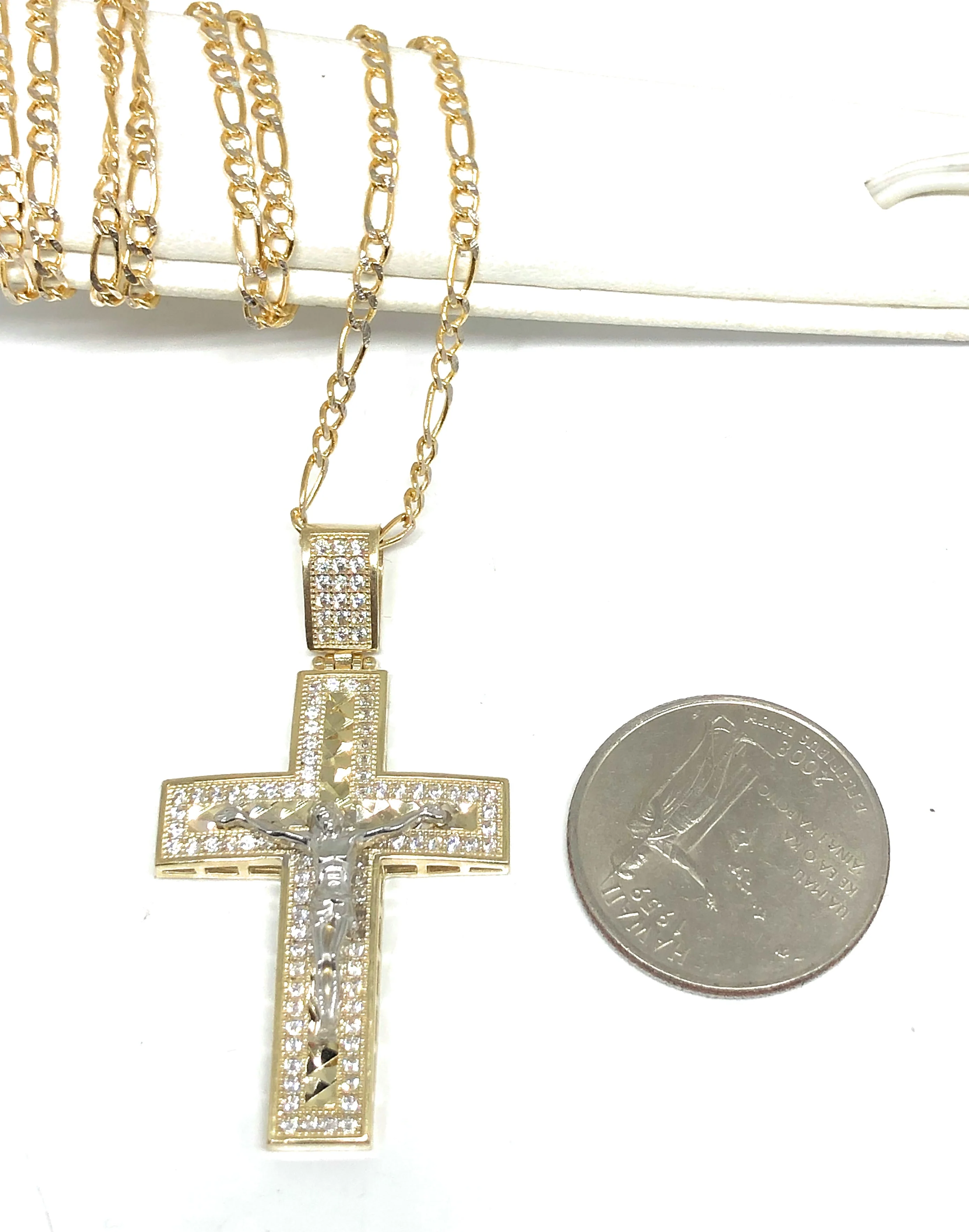 10k Solid Gold Yellow 2-Tone Jesus Cross Crucifix CZ Pendant Necklace - Image 2