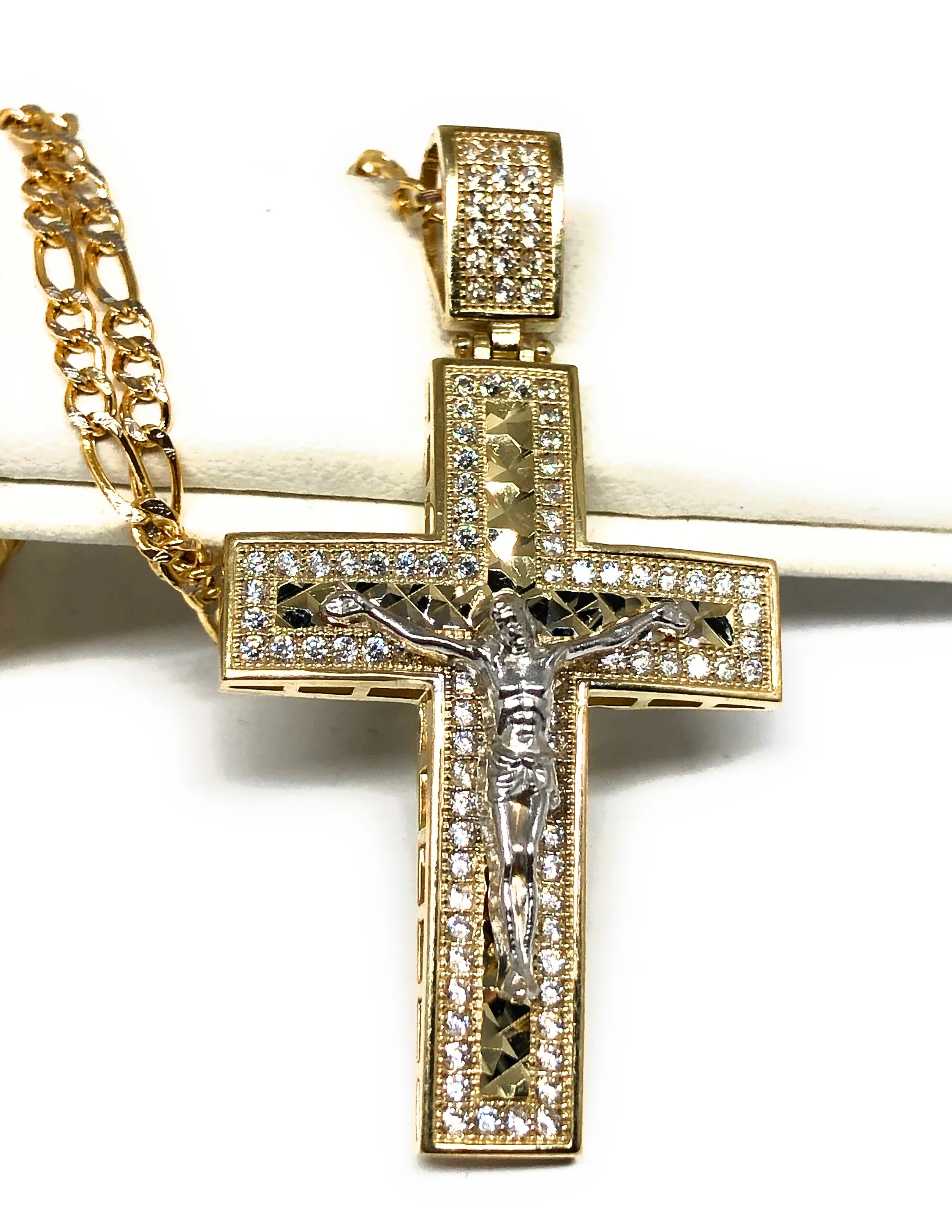 10k Solid Gold Yellow 2-Tone Jesus Cross Crucifix CZ Pendant Necklace - Image 3