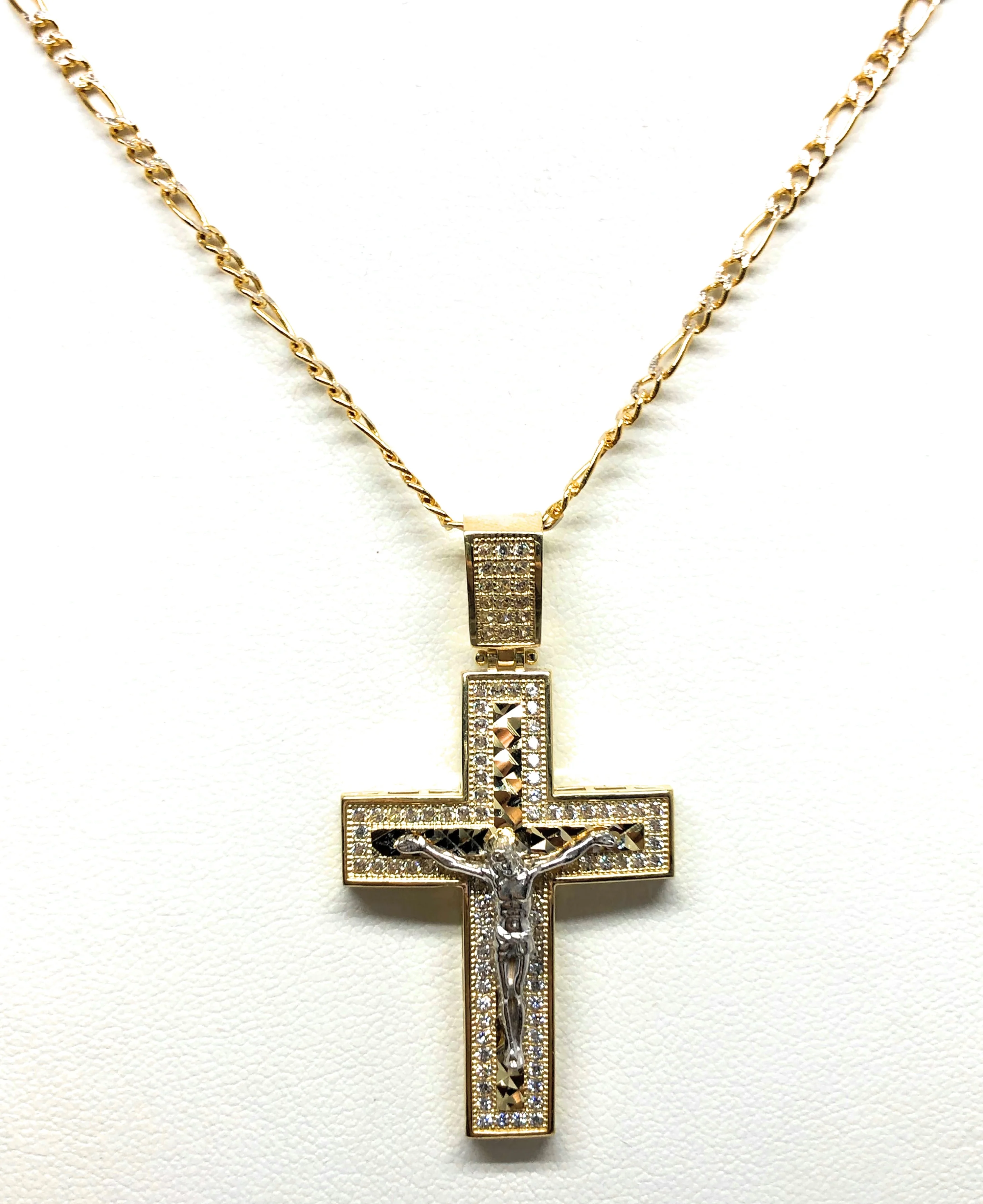 10k Solid Gold Yellow 2-Tone Jesus Cross Crucifix CZ Pendant Necklace - Image 4