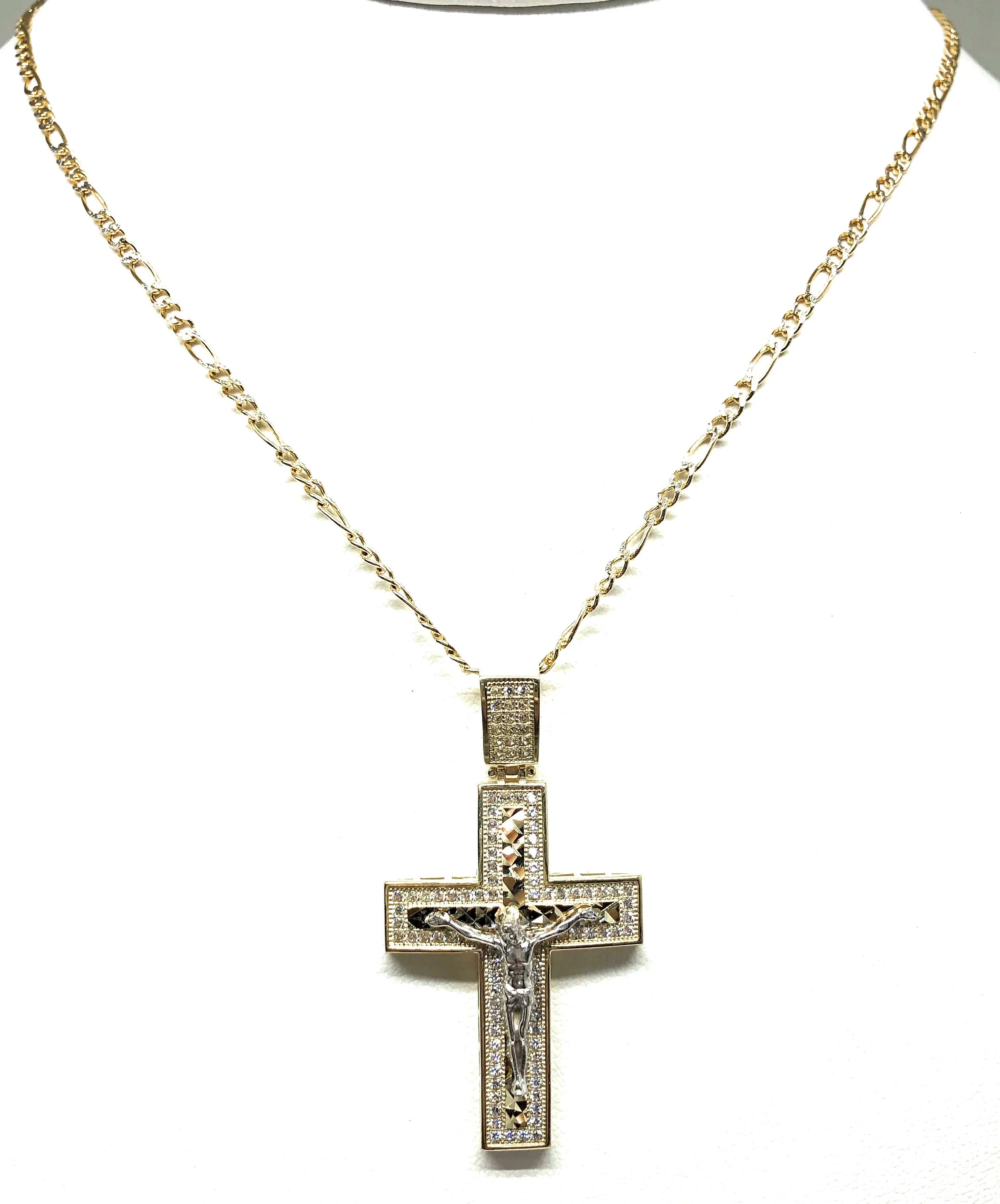 10k Solid Gold Yellow 2-Tone Jesus Cross Crucifix CZ Pendant Necklace - Image 5