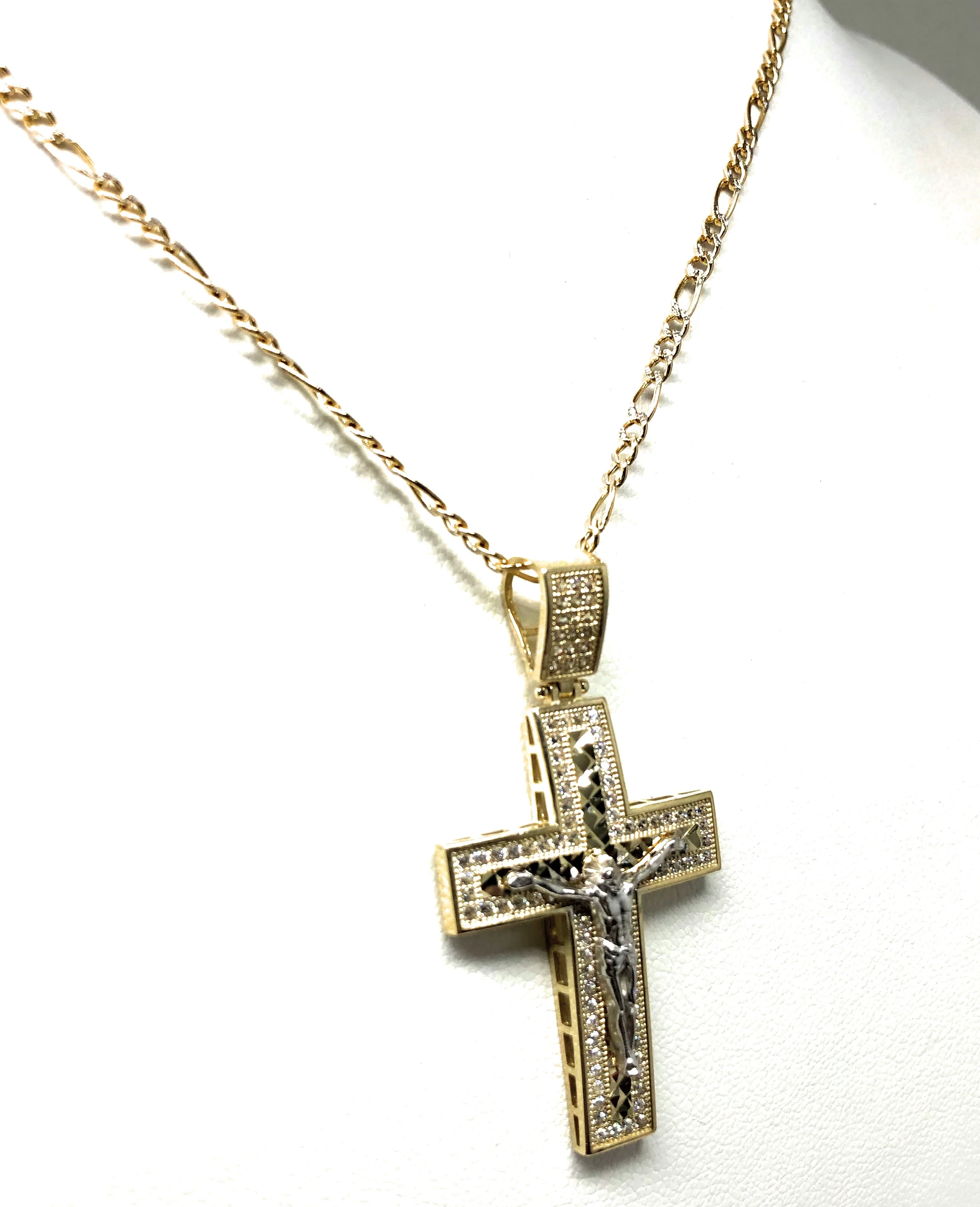 10k Solid Gold Yellow 2-Tone Jesus Cross Crucifix CZ Pendant Necklace - Image 6