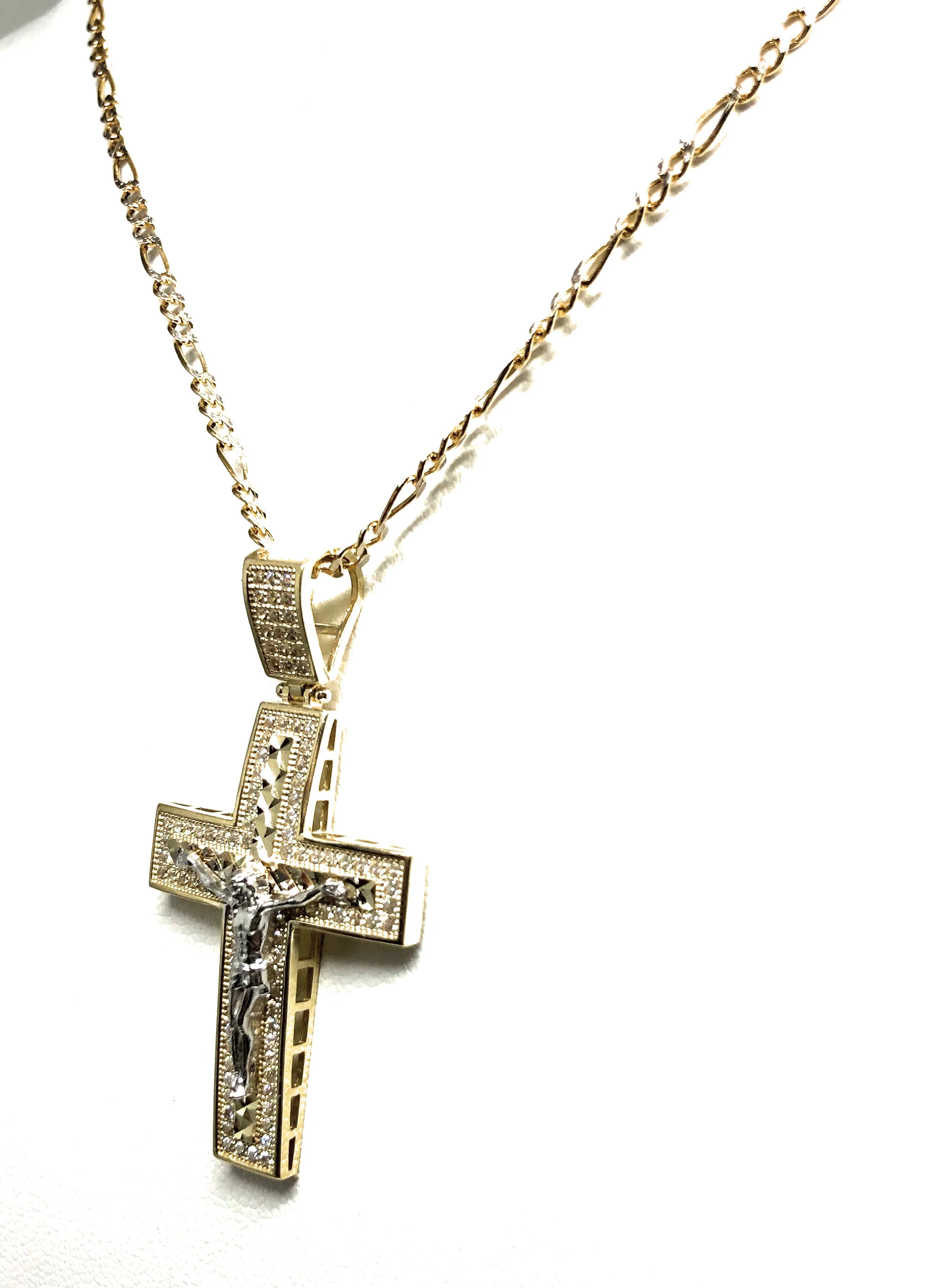 10k Solid Gold Yellow 2-Tone Jesus Cross Crucifix CZ Pendant Necklace - Image 7