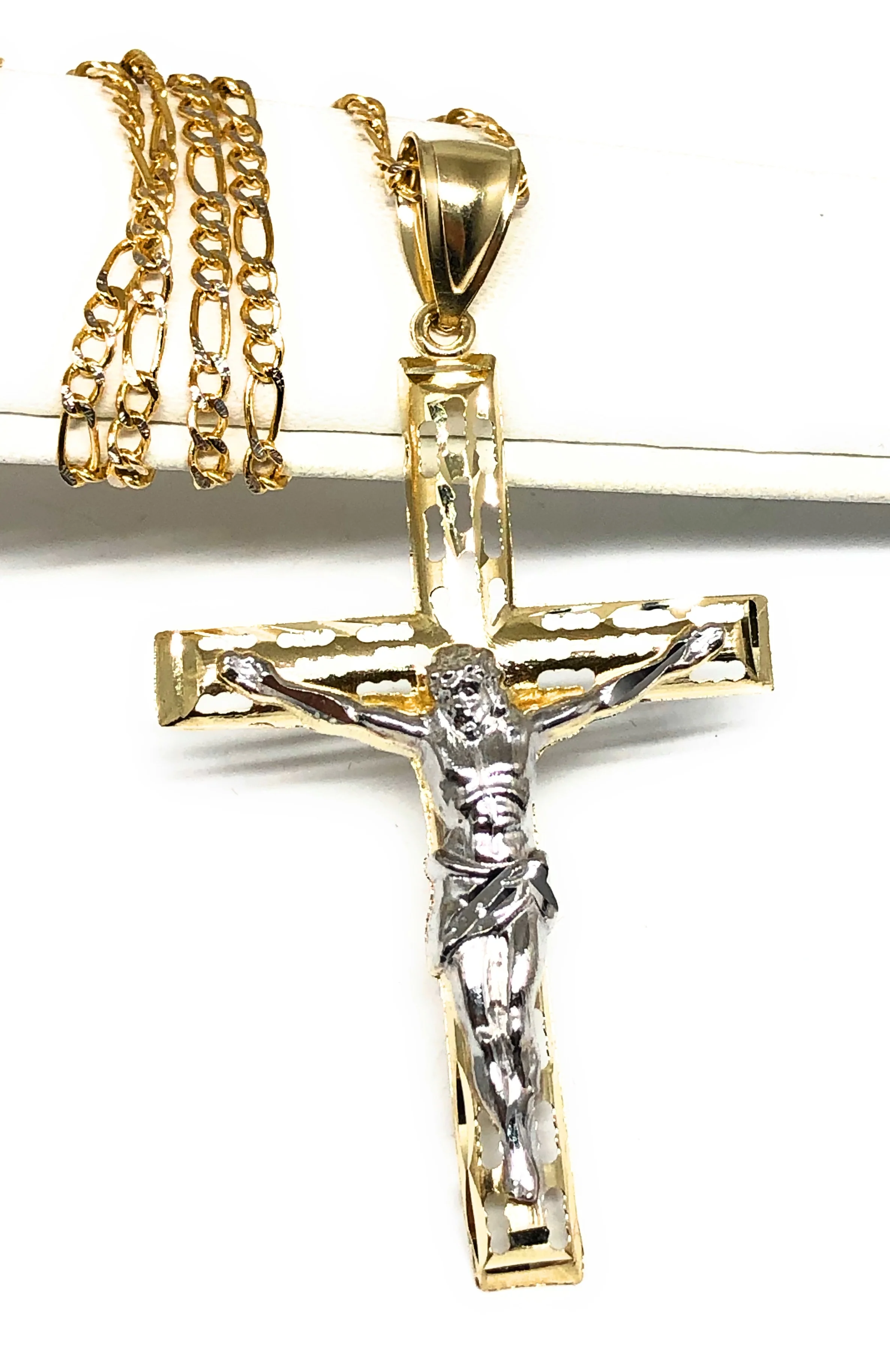 10k Solid Gold Yellow 2-Tone Jesus Cross Crucifix Hollow Termite Pendant Necklace