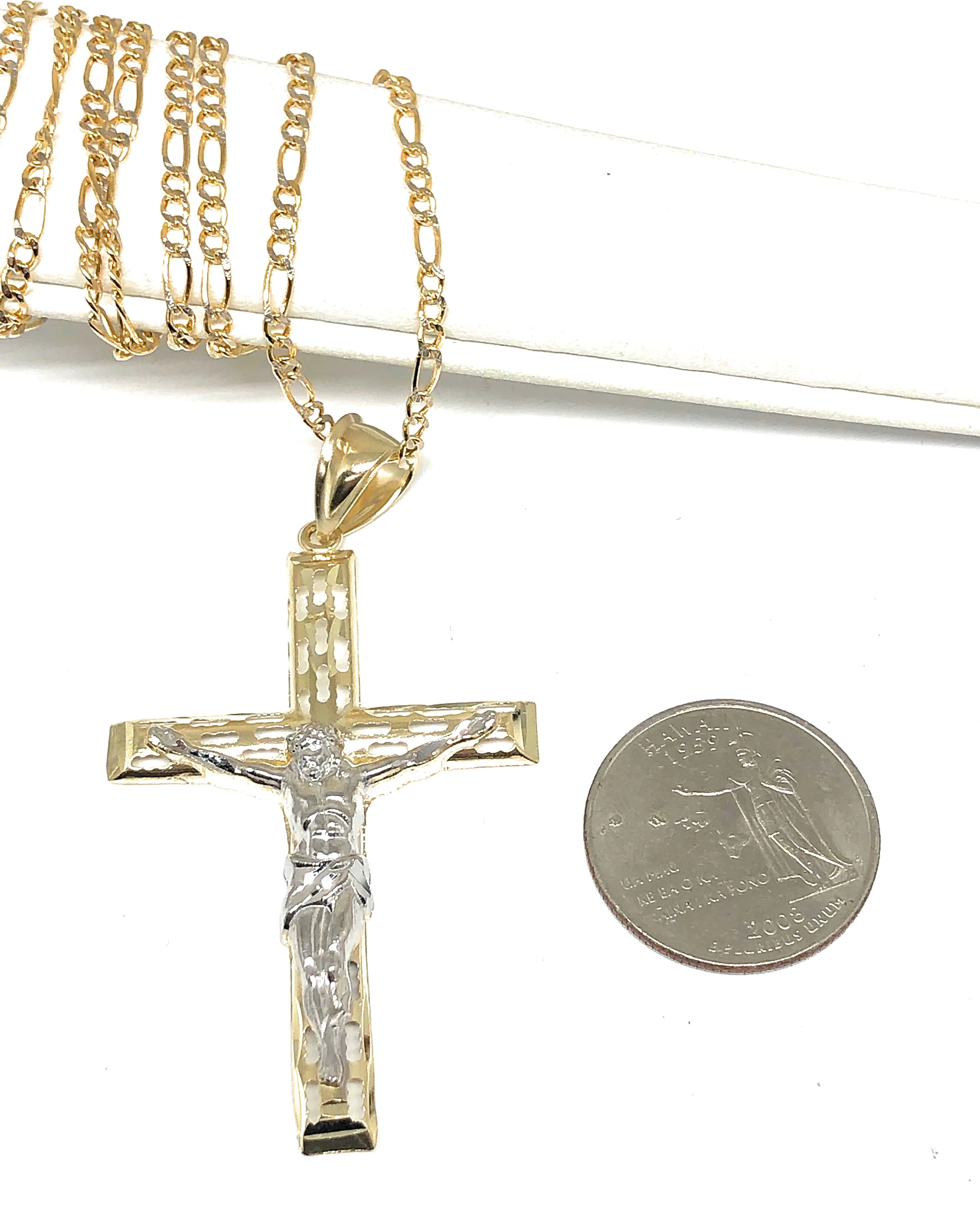 10k Solid Gold Yellow 2-Tone Jesus Cross Crucifix Hollow Termite Pendant Necklace - Image 2