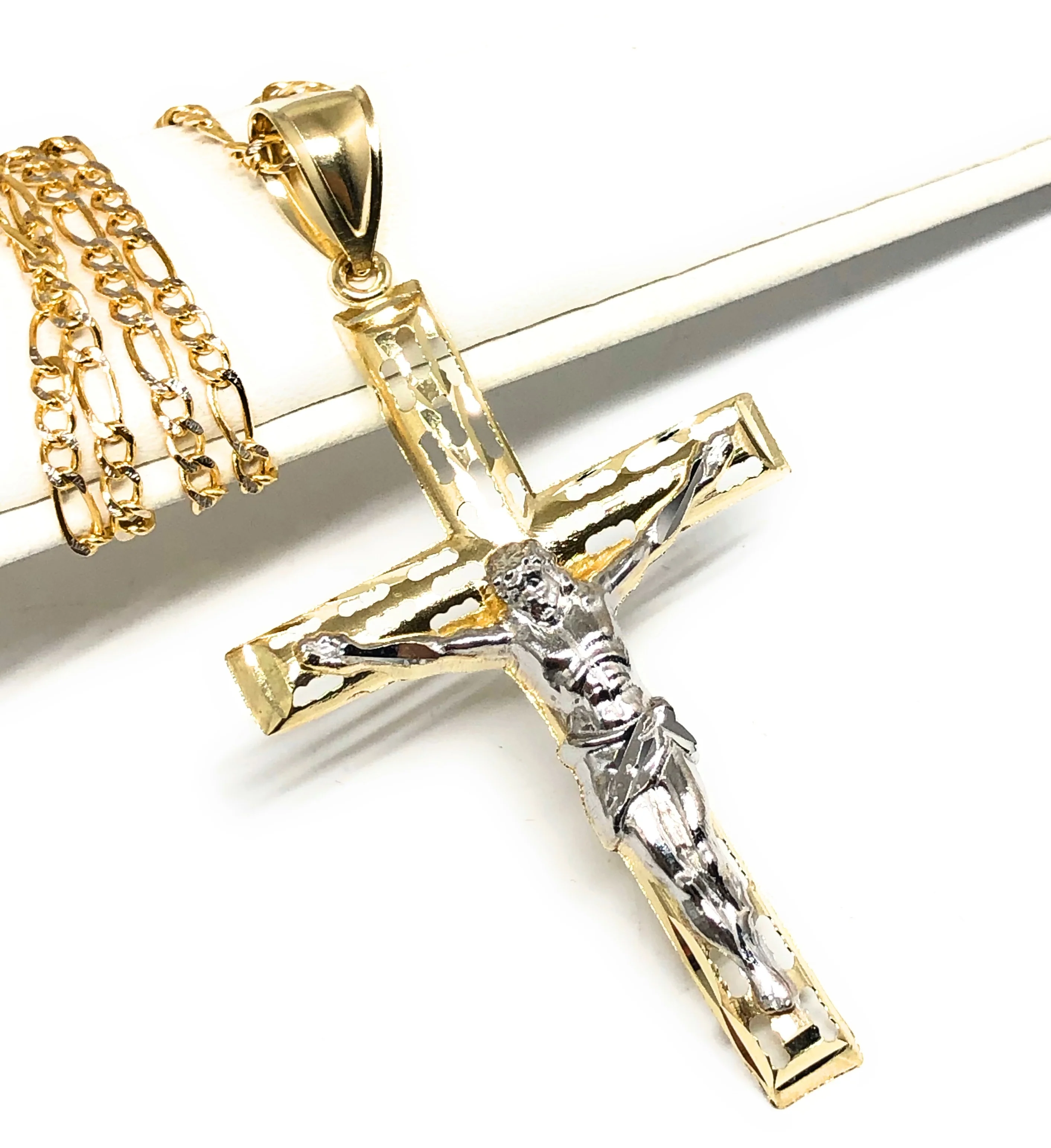 10k Solid Gold Yellow 2-Tone Jesus Cross Crucifix Hollow Termite Pendant Necklace - Image 3