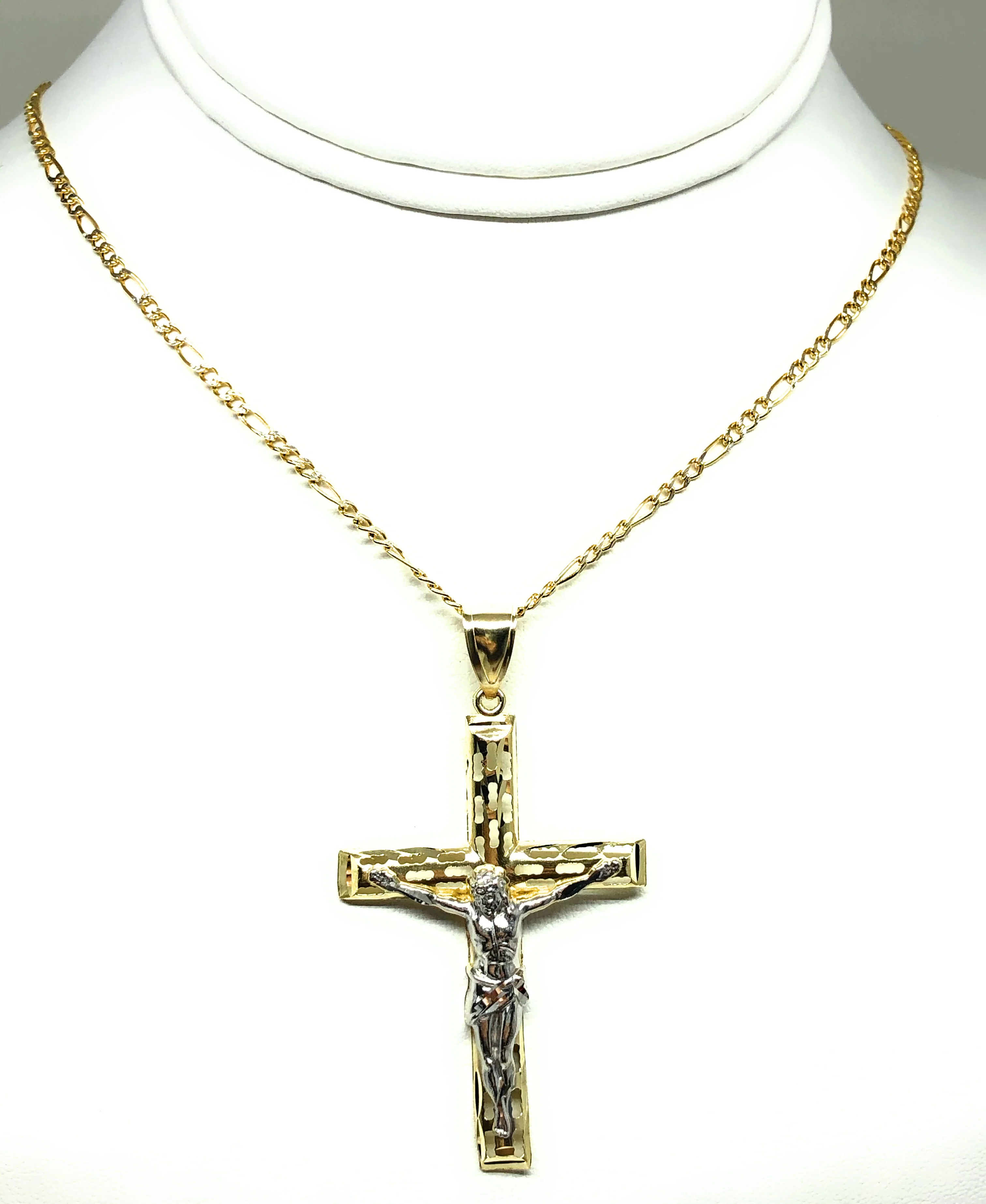 10k Solid Gold Yellow 2-Tone Jesus Cross Crucifix Hollow Termite Pendant Necklace - Image 5