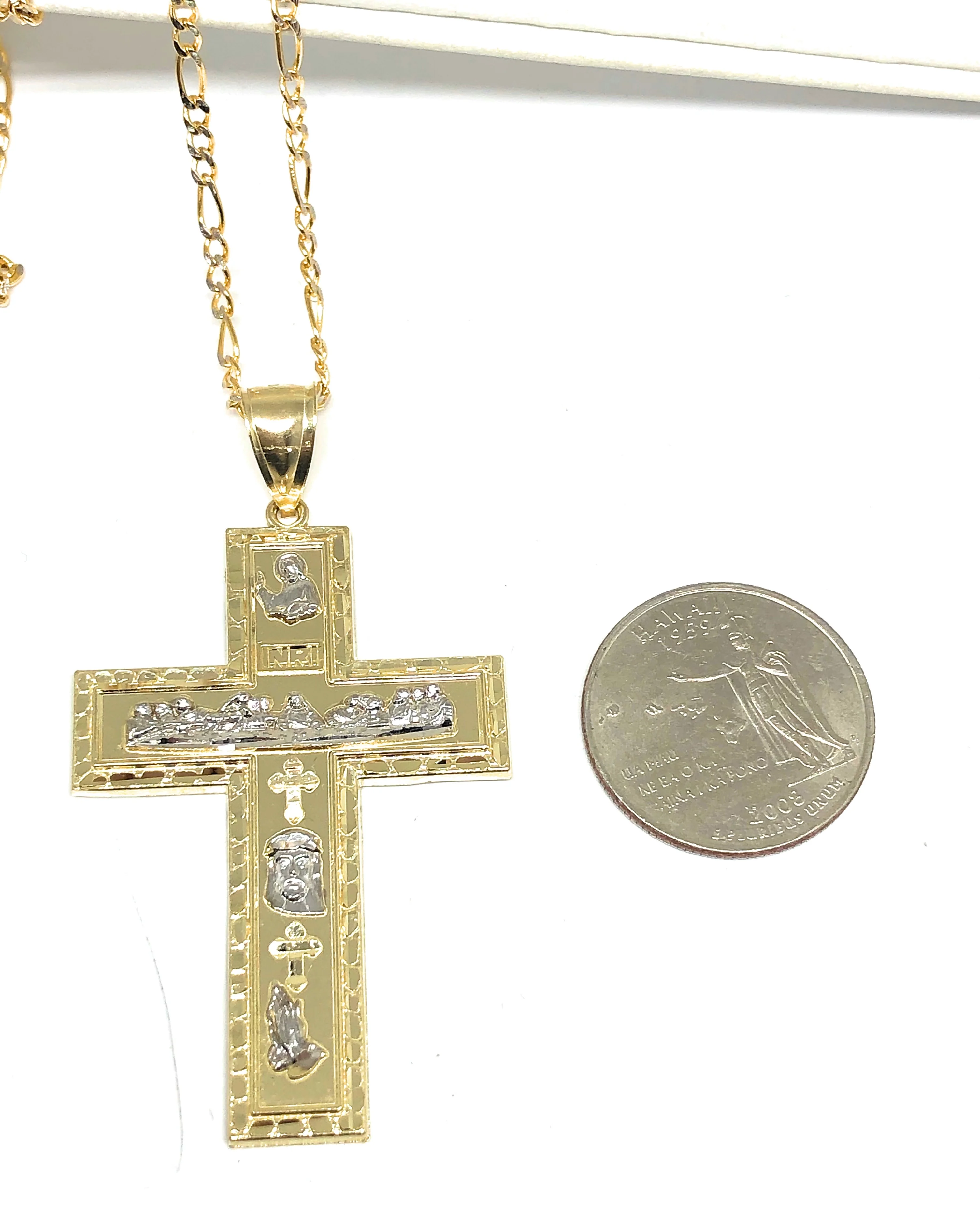 10k Solid Gold Yellow 2-Tone Jesus Cross Crucifix Last Supper Pendant Necklace - Image 2