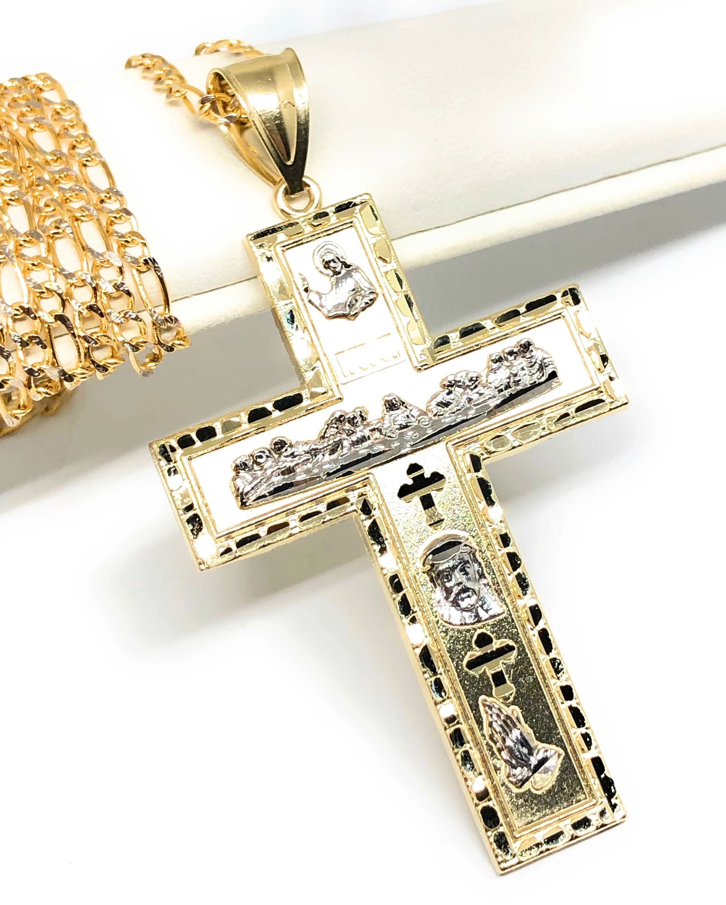 10k Solid Gold Yellow 2-Tone Jesus Cross Crucifix Last Supper Pendant Necklace - Image 3