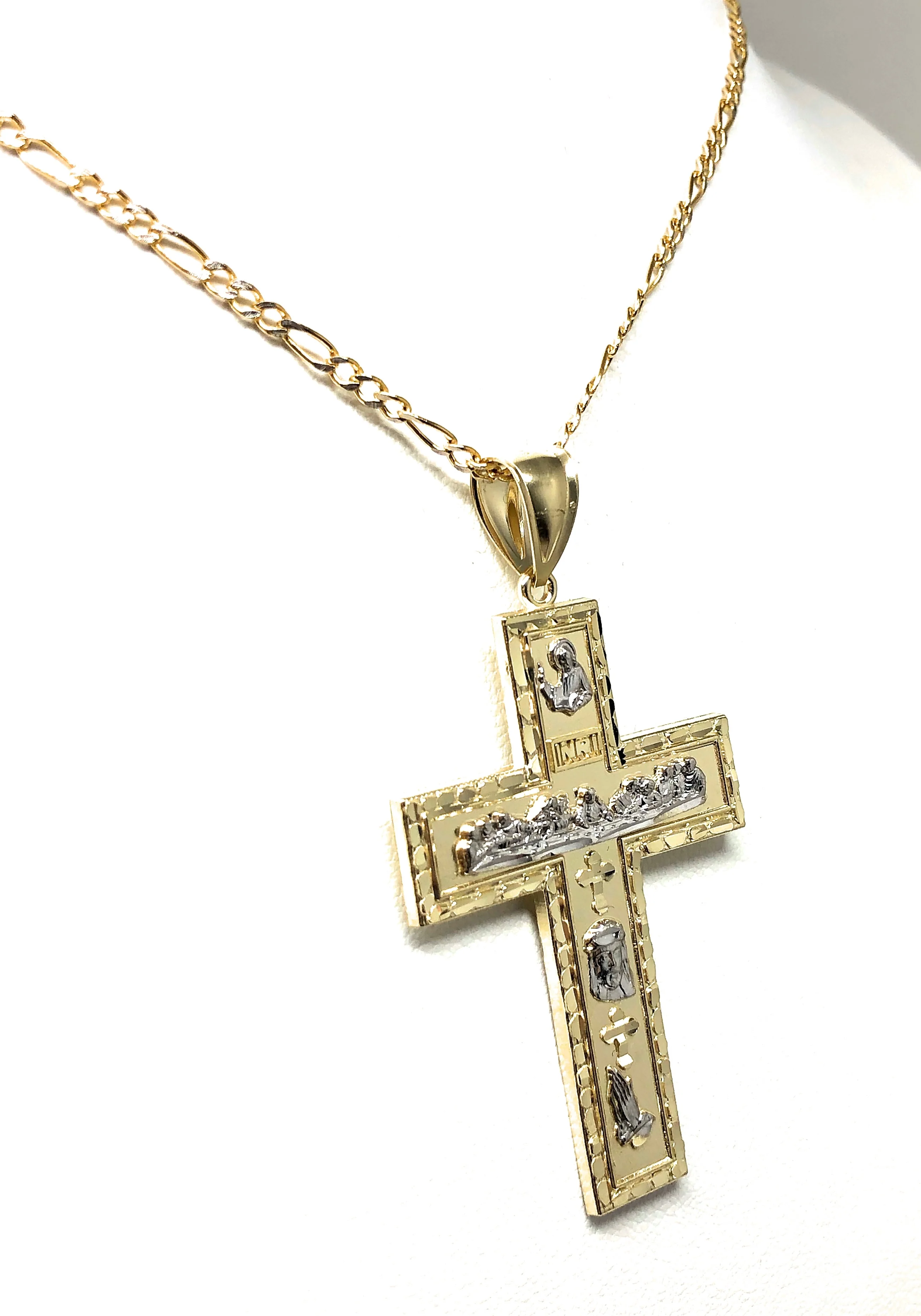 10k Solid Gold Yellow 2-Tone Jesus Cross Crucifix Last Supper Pendant Necklace - Image 6