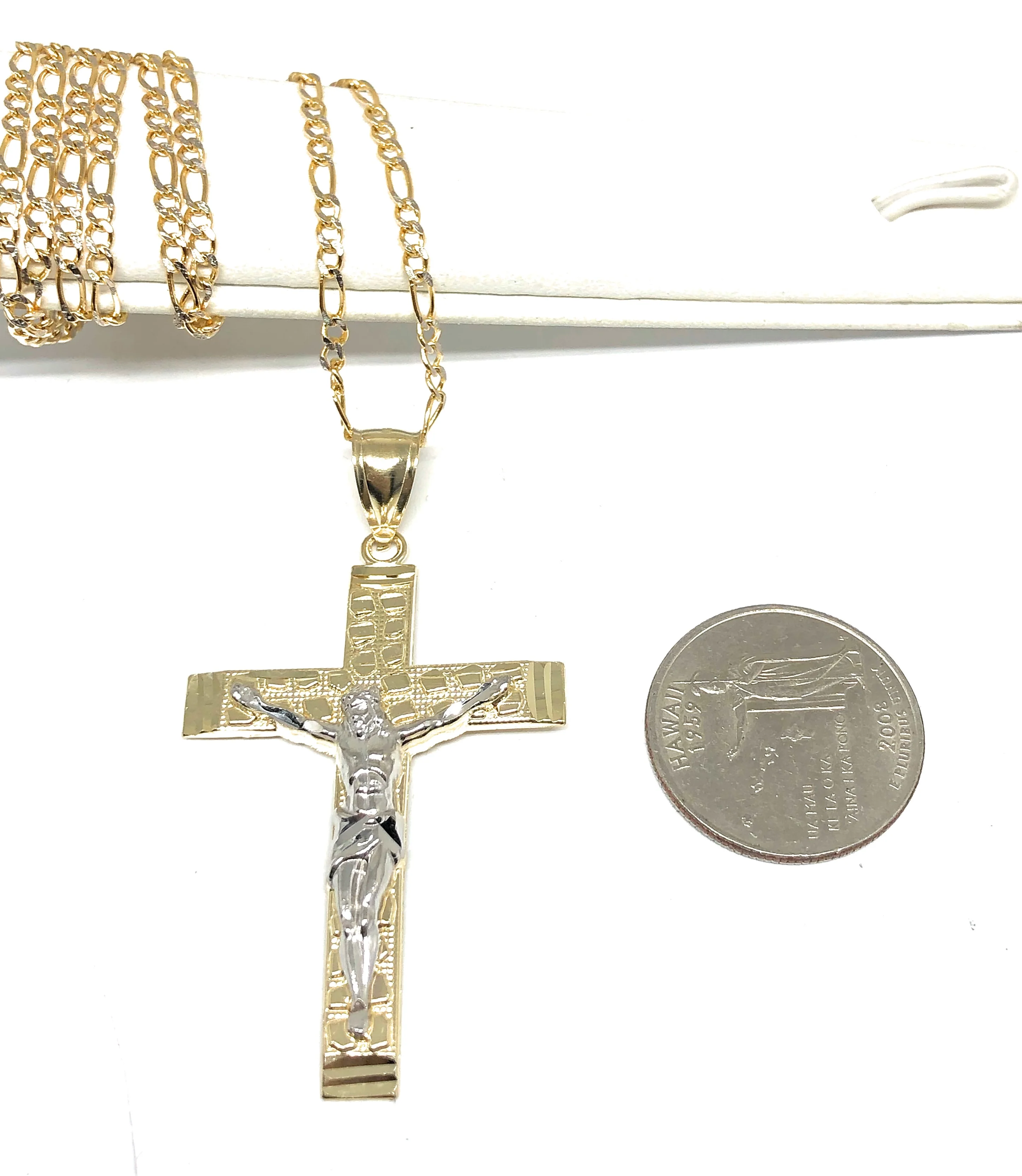 10k Solid Gold Yellow 2-Tone Jesus Cross Crucifix Nugget Pendant Necklace - Image 2