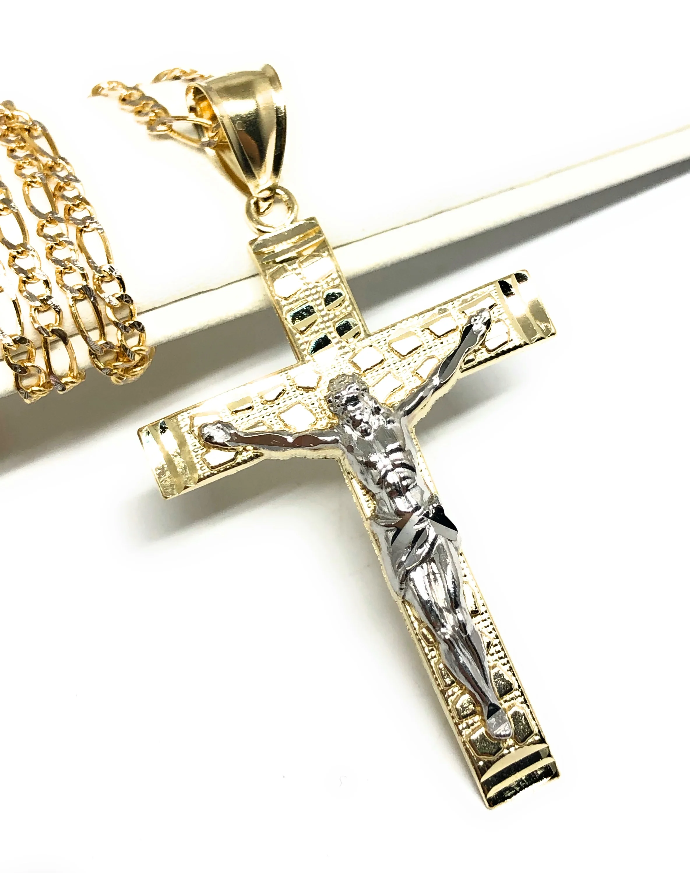 10k Solid Gold Yellow 2-Tone Jesus Cross Crucifix Nugget Pendant Necklace - Image 3