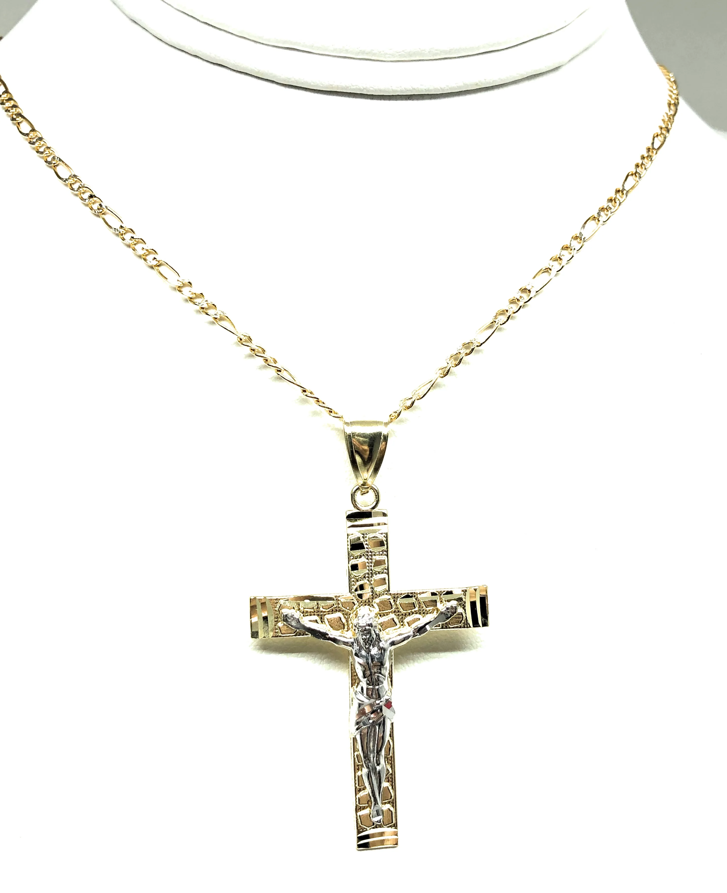10k Solid Gold Yellow 2-Tone Jesus Cross Crucifix Nugget Pendant Necklace - Image 4