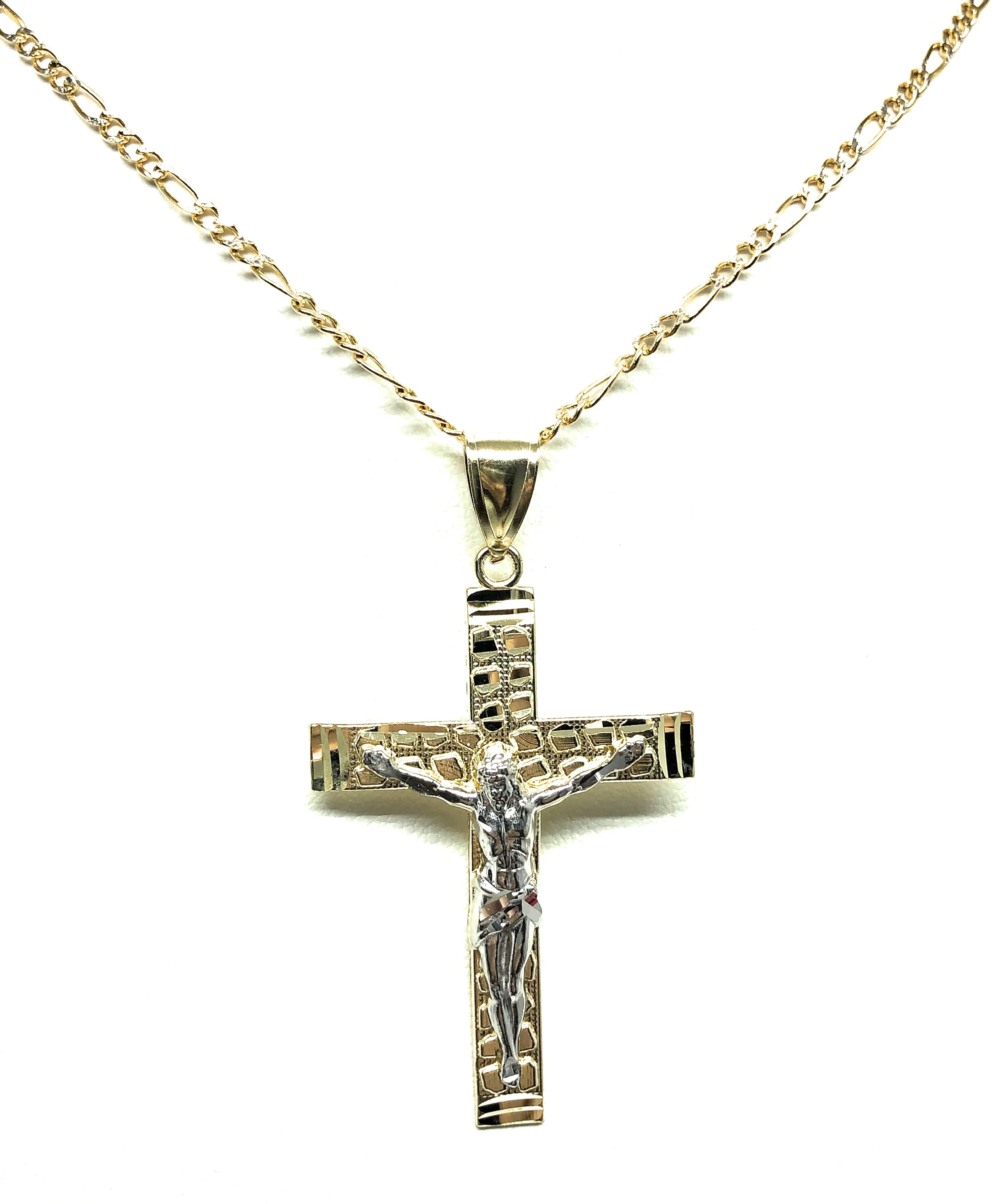 10k Solid Gold Yellow 2-Tone Jesus Cross Crucifix Nugget Pendant Necklace - Image 5