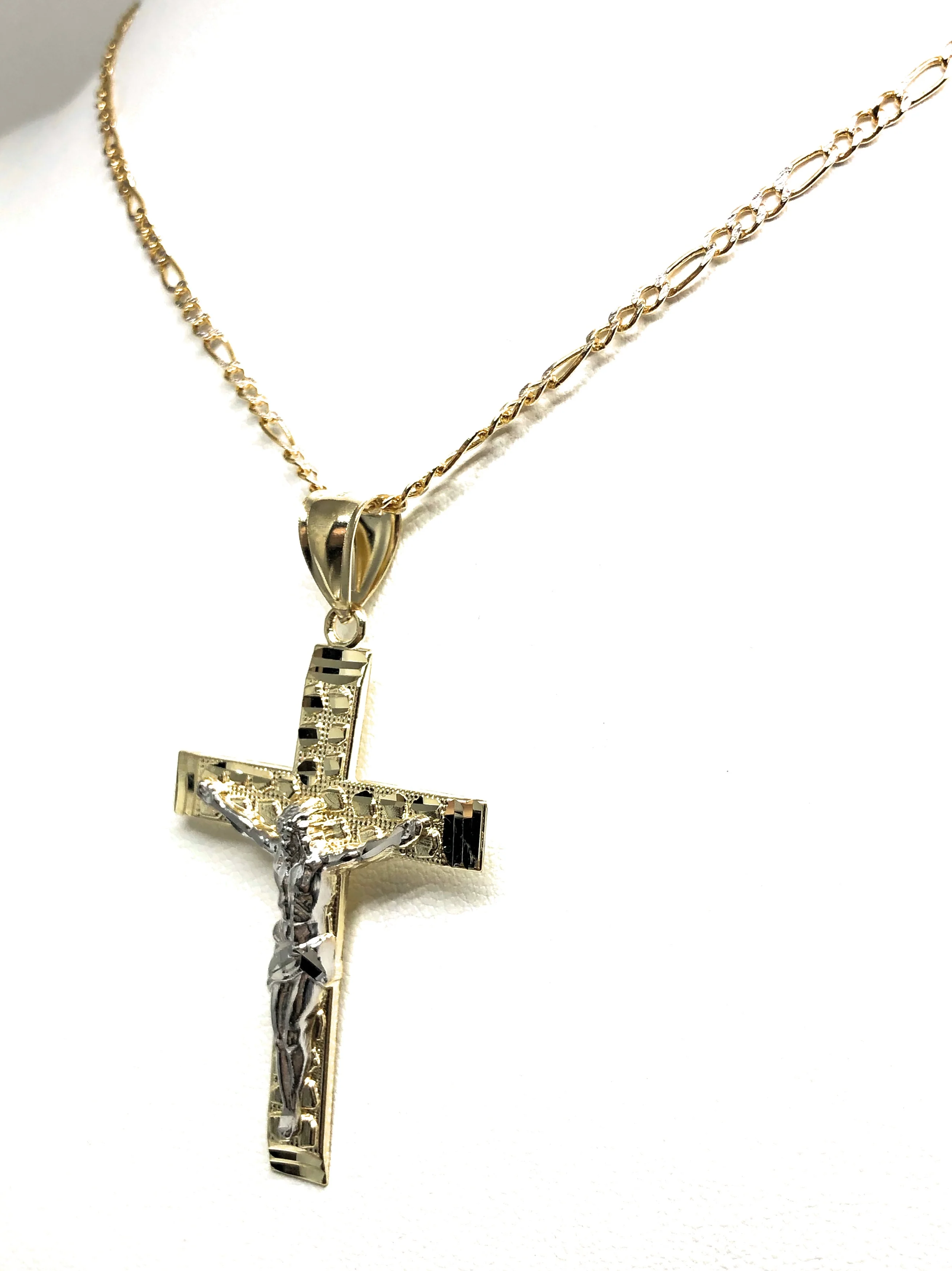 10k Solid Gold Yellow 2-Tone Jesus Cross Crucifix Nugget Pendant Necklace - Image 7