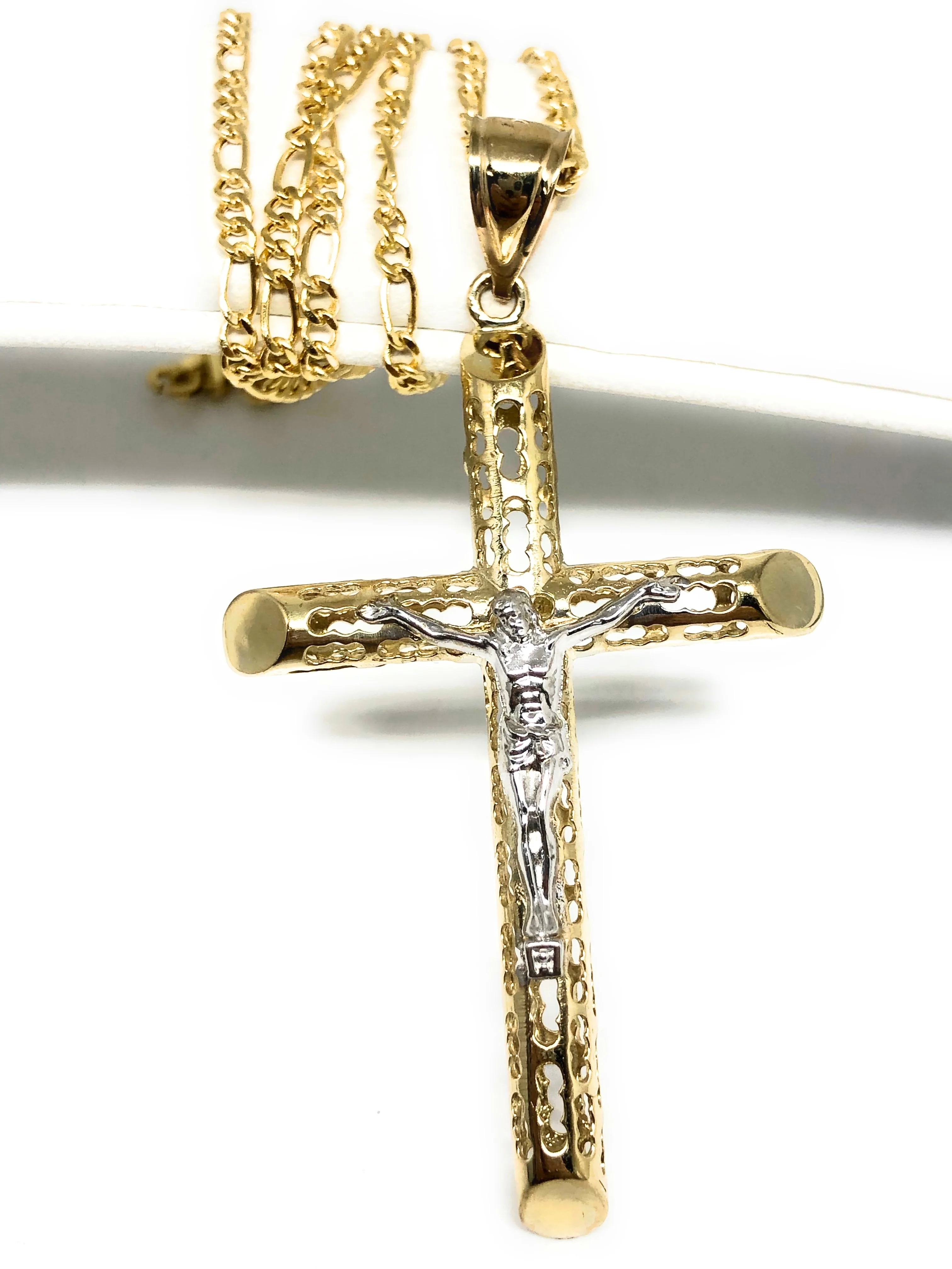 10k Solid Gold Yellow 2-Tone Jesus Cross Crucifix Termite Pendant Necklace (LG)