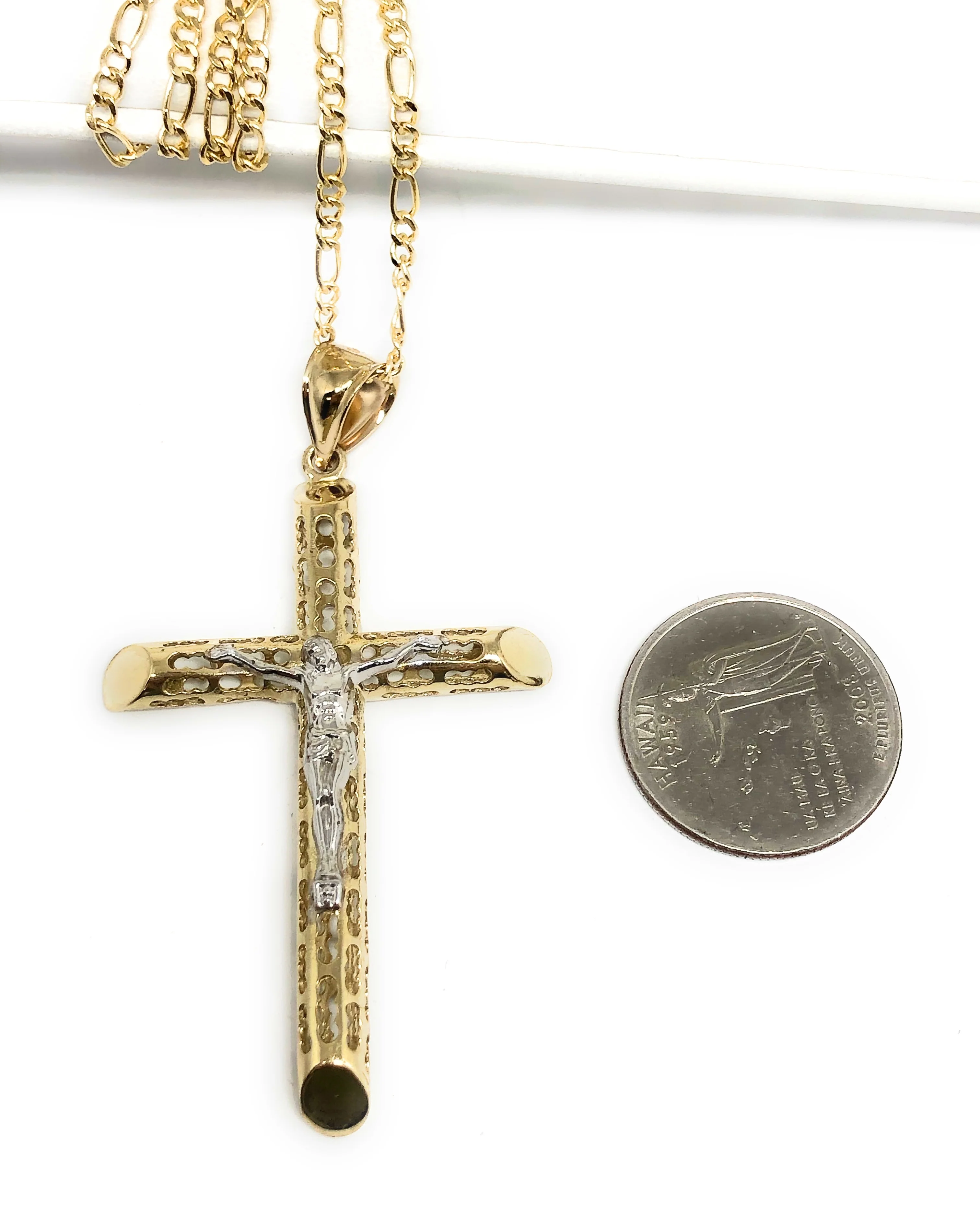 10k Solid Gold Yellow 2-Tone Jesus Cross Crucifix Termite Pendant Necklace (LG) - Image 2