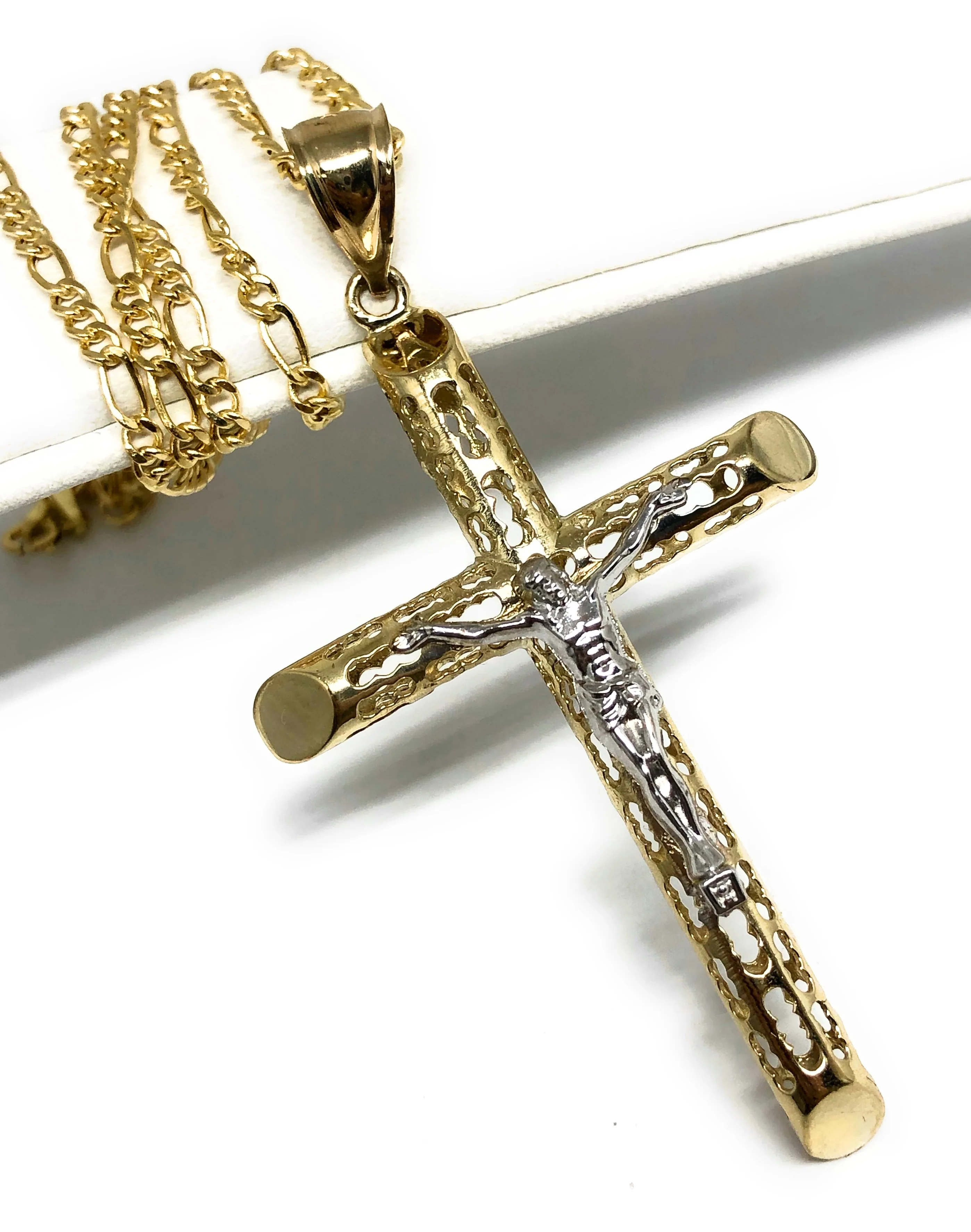10k Solid Gold Yellow 2-Tone Jesus Cross Crucifix Termite Pendant Necklace (LG) - Image 3