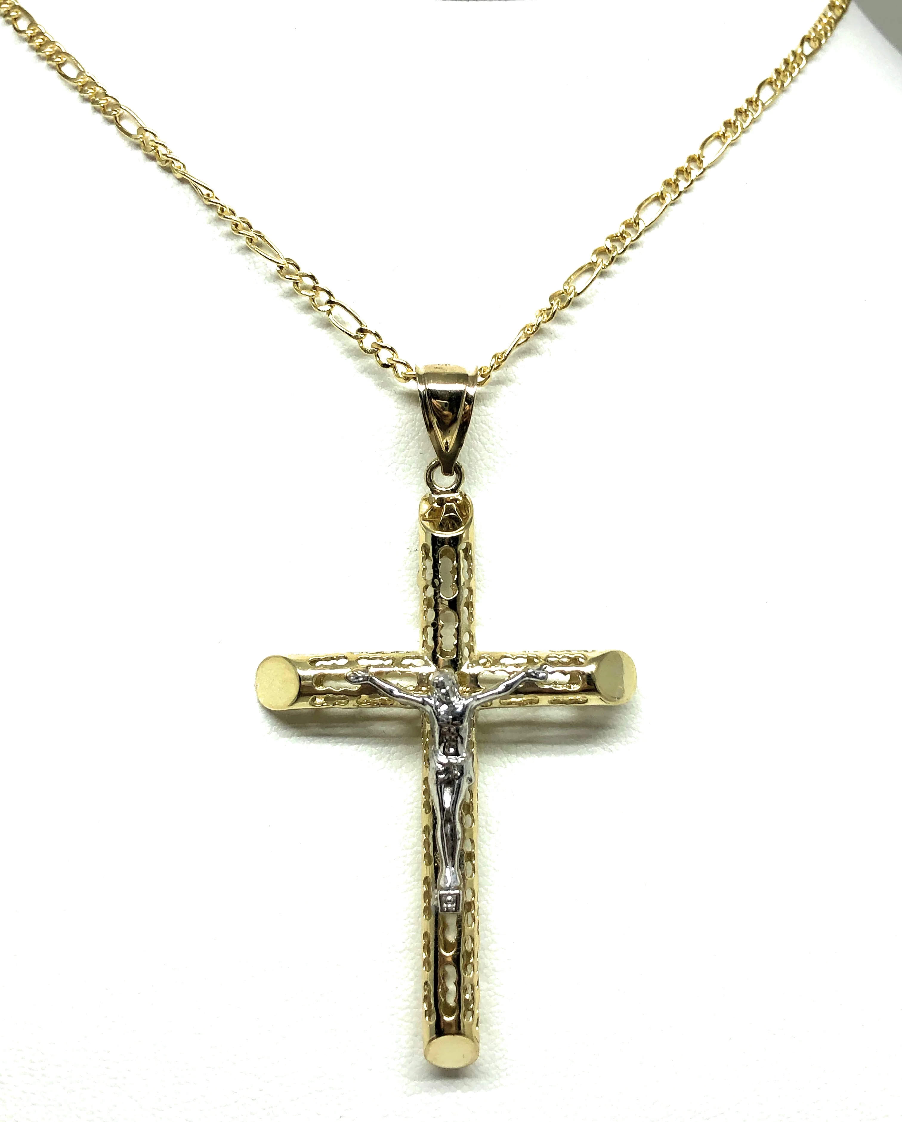 10k Solid Gold Yellow 2-Tone Jesus Cross Crucifix Termite Pendant Necklace (LG) - Image 4