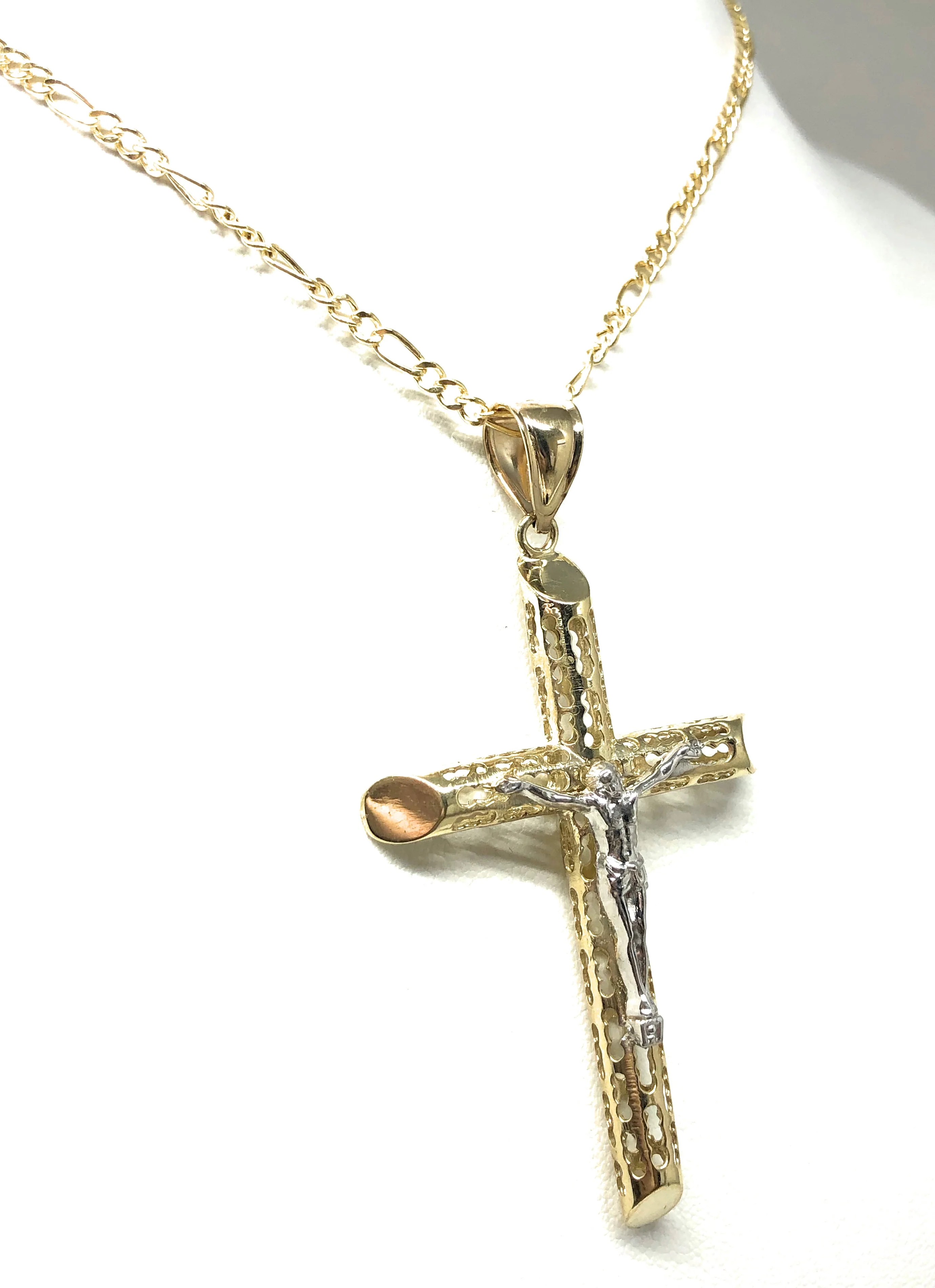 10k Solid Gold Yellow 2-Tone Jesus Cross Crucifix Termite Pendant Necklace (LG) - Image 5