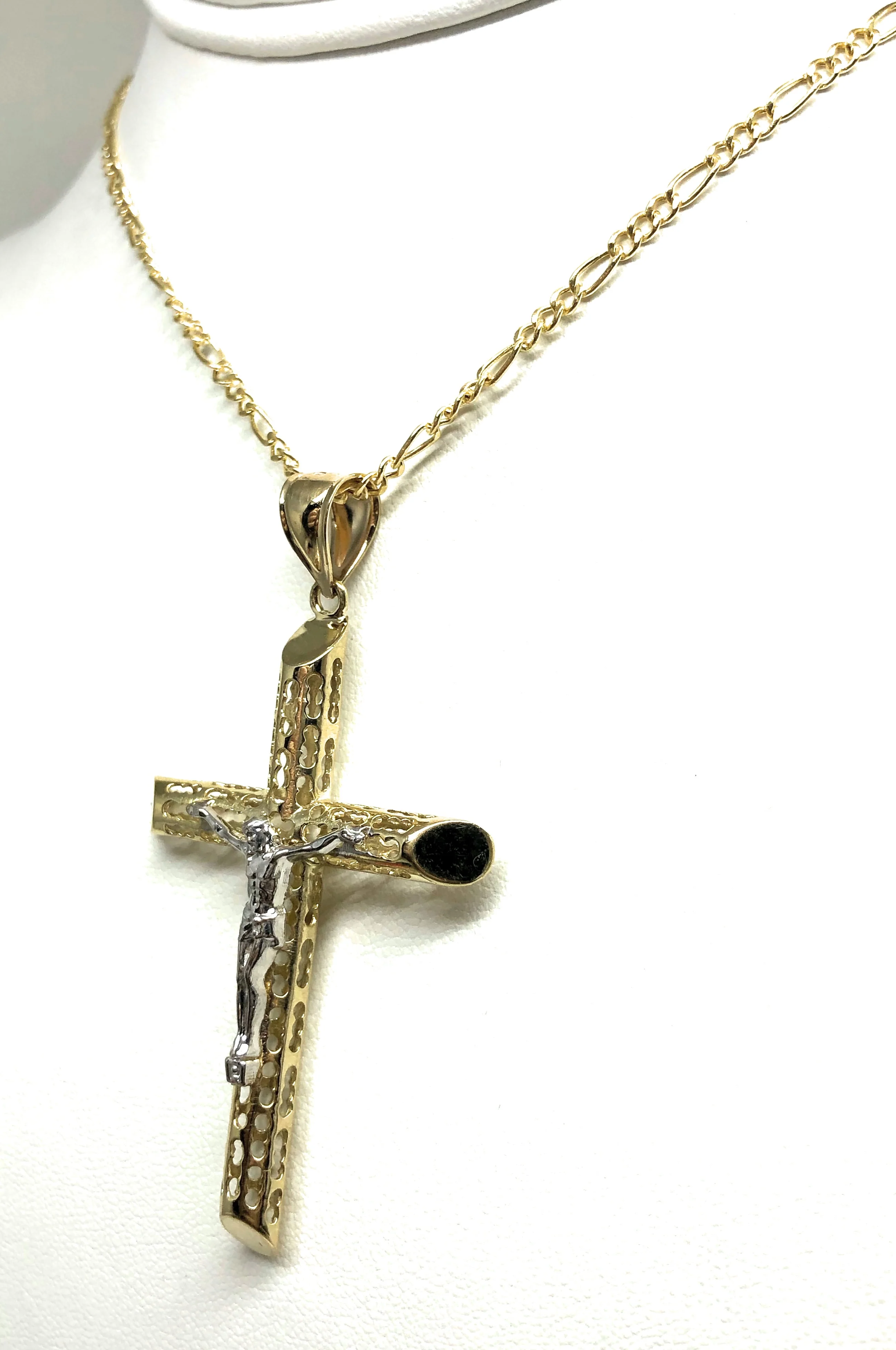 10k Solid Gold Yellow 2-Tone Jesus Cross Crucifix Termite Pendant Necklace (LG) - Image 6